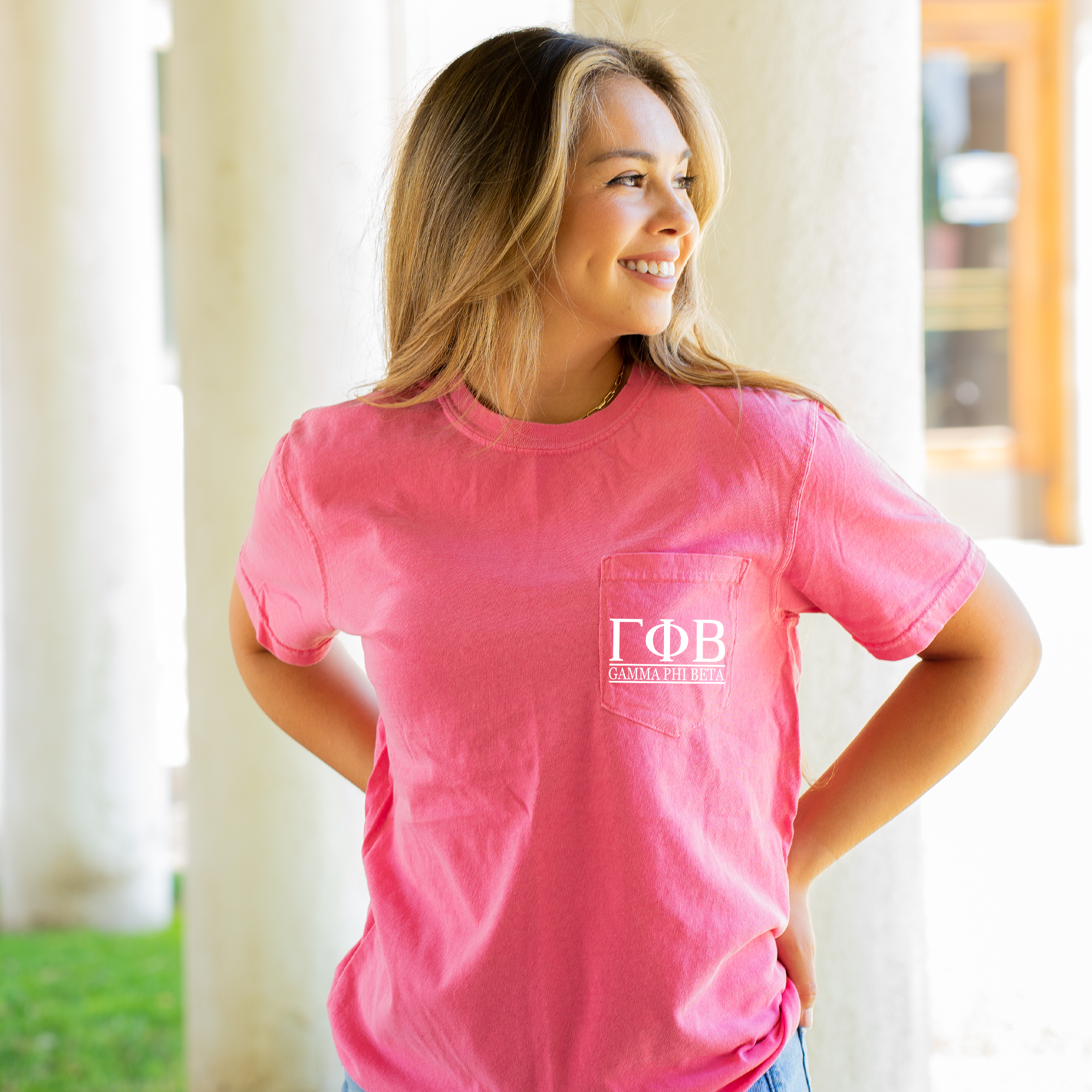 Gamma Phi Beta Block Letters Pocket Tee Sorority Comfort Colors T-Shirt Pink