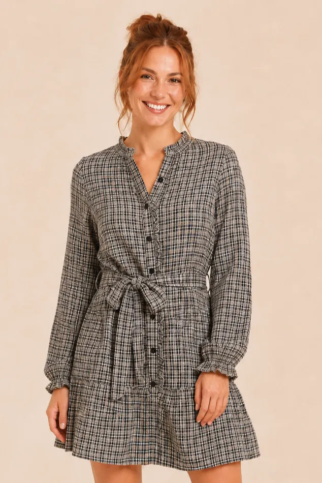 Chenille Plaid Self Sash Shirt Dress