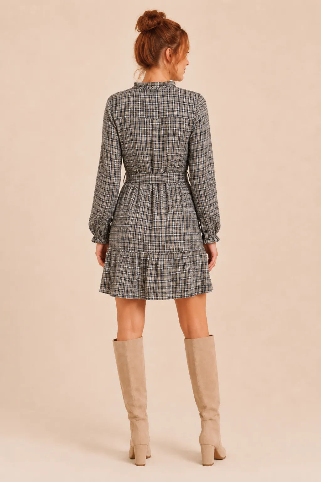 Chenille Plaid Self Sash Shirt Dress