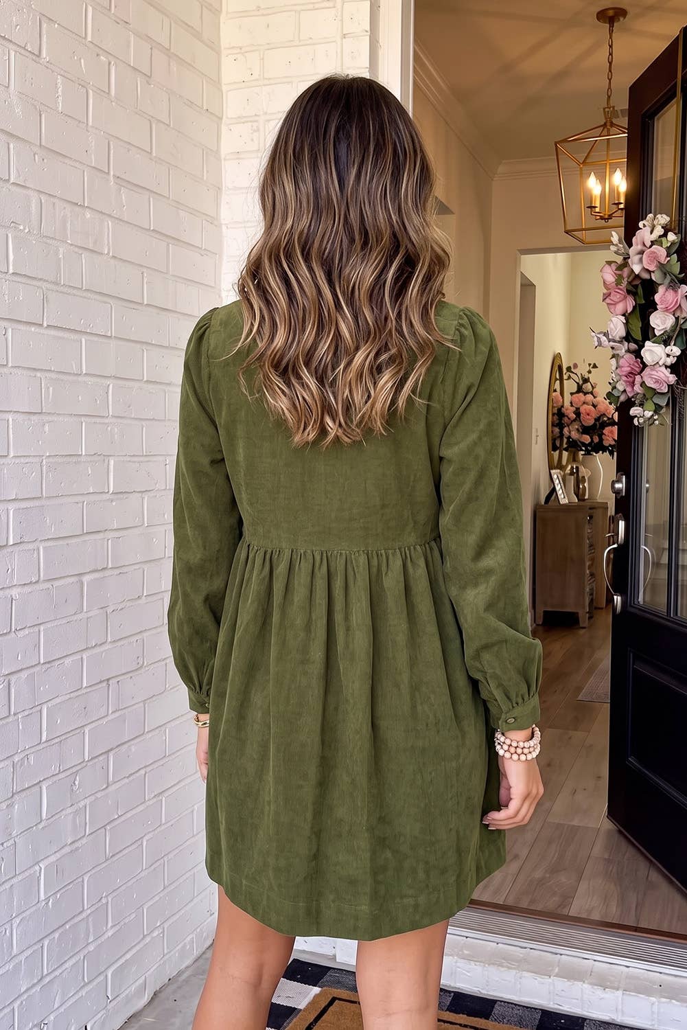 Retro Bow Knot Front Corduroy Mini Dress