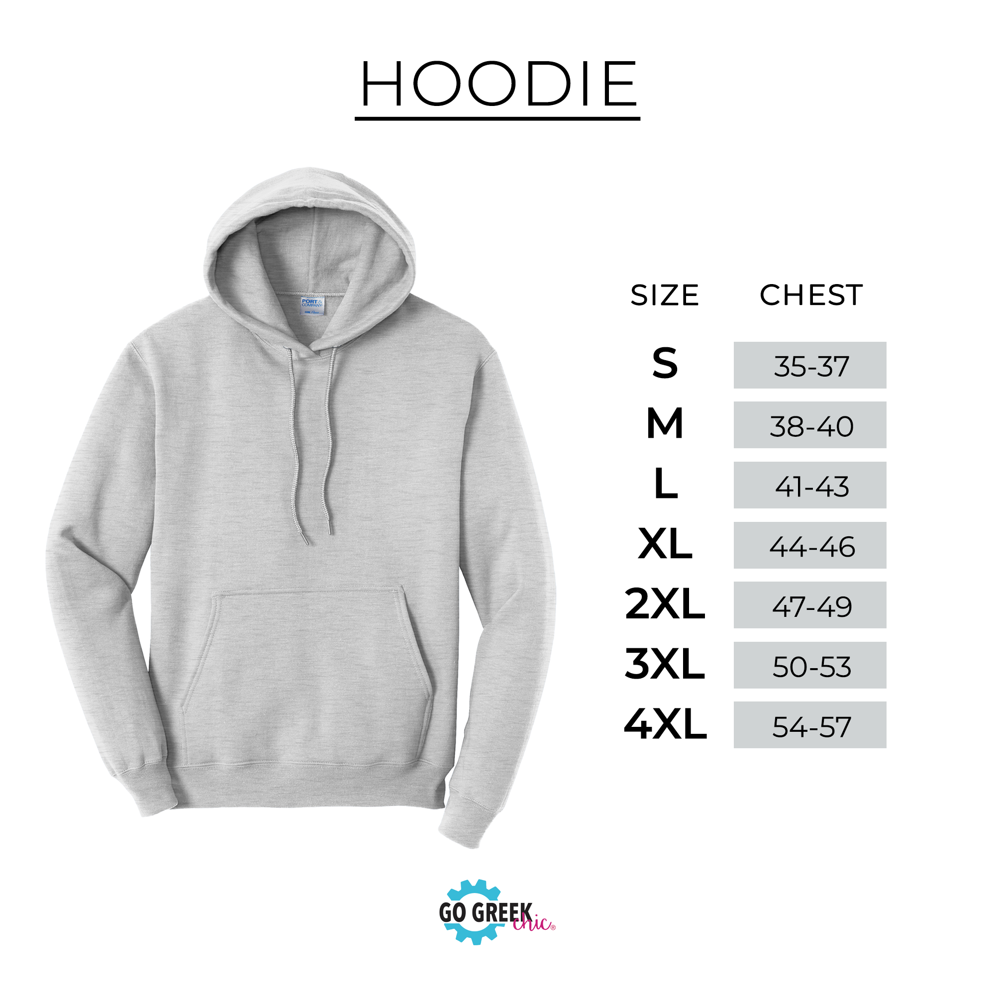 a gray hoodie with size and chest measurements listed below it.