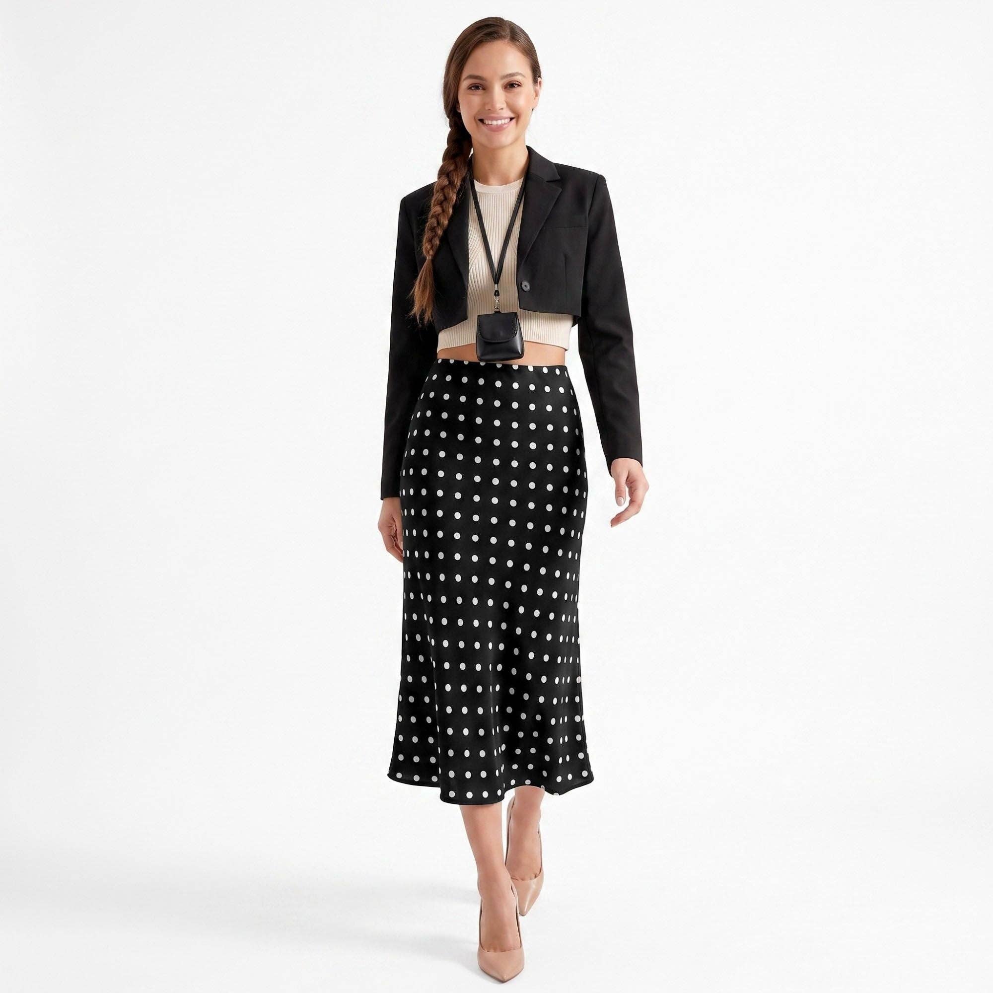 Polka Dot Midi Skirt High Waist A Line Printed Long Skirt
