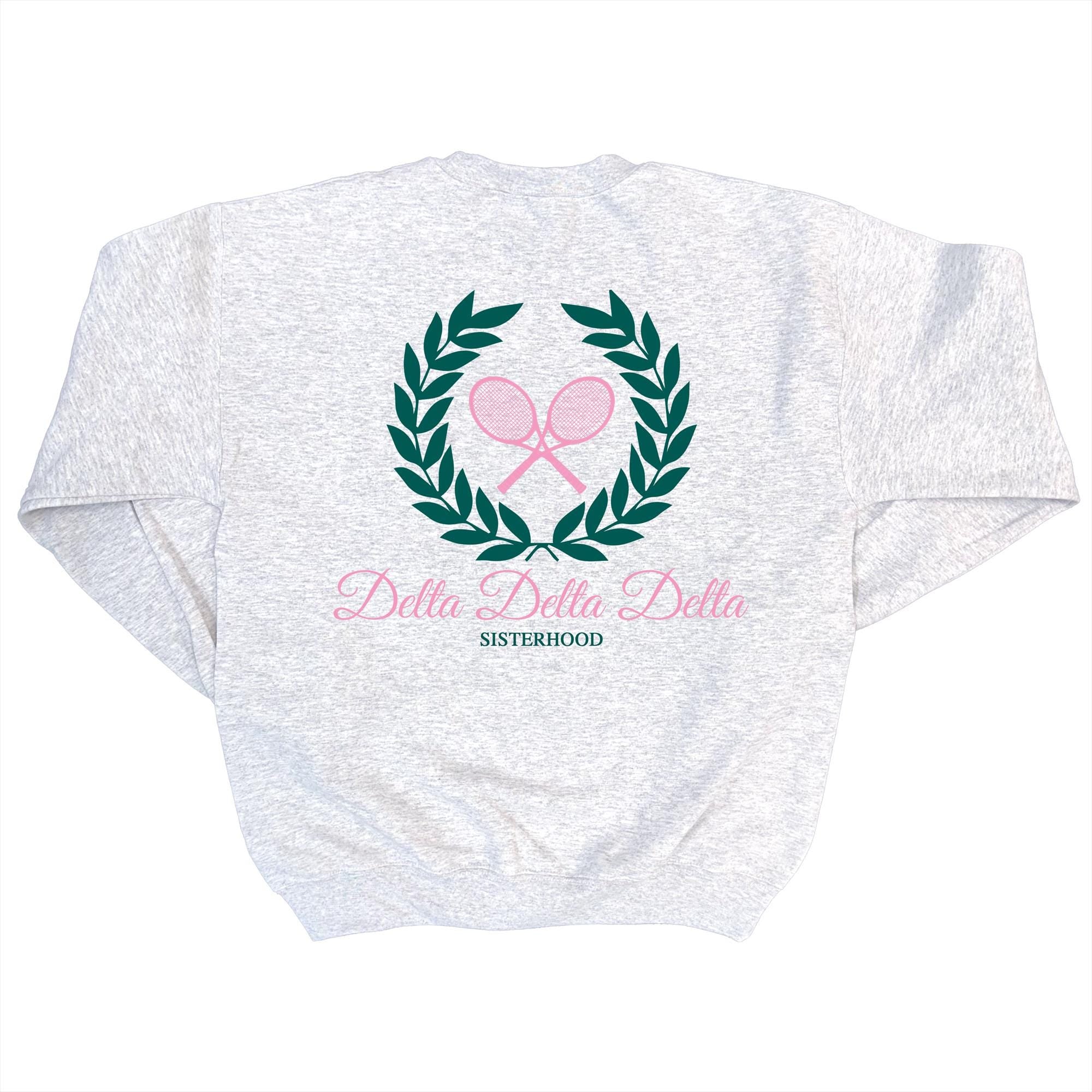 Delta Delta Delta Tennis Club - Embroidered & Printed Preppy Sorority Sweater - Ash
