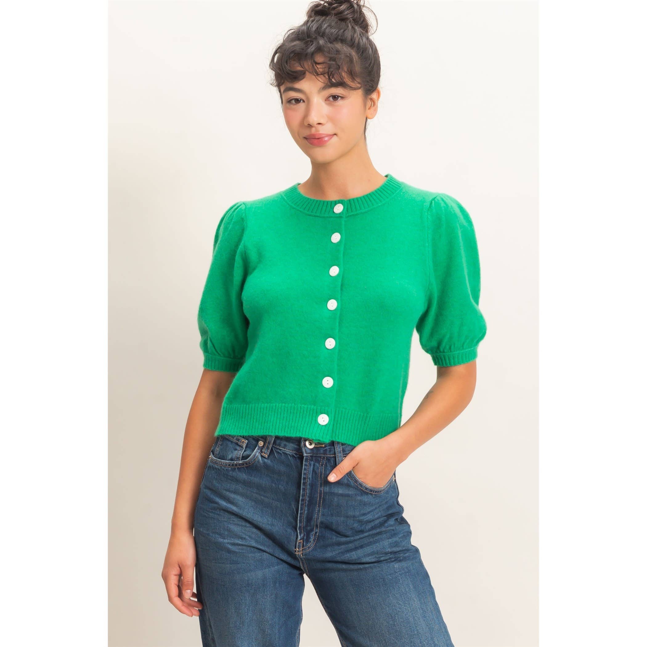 Button Front Puff Short Sleeve Cardigan