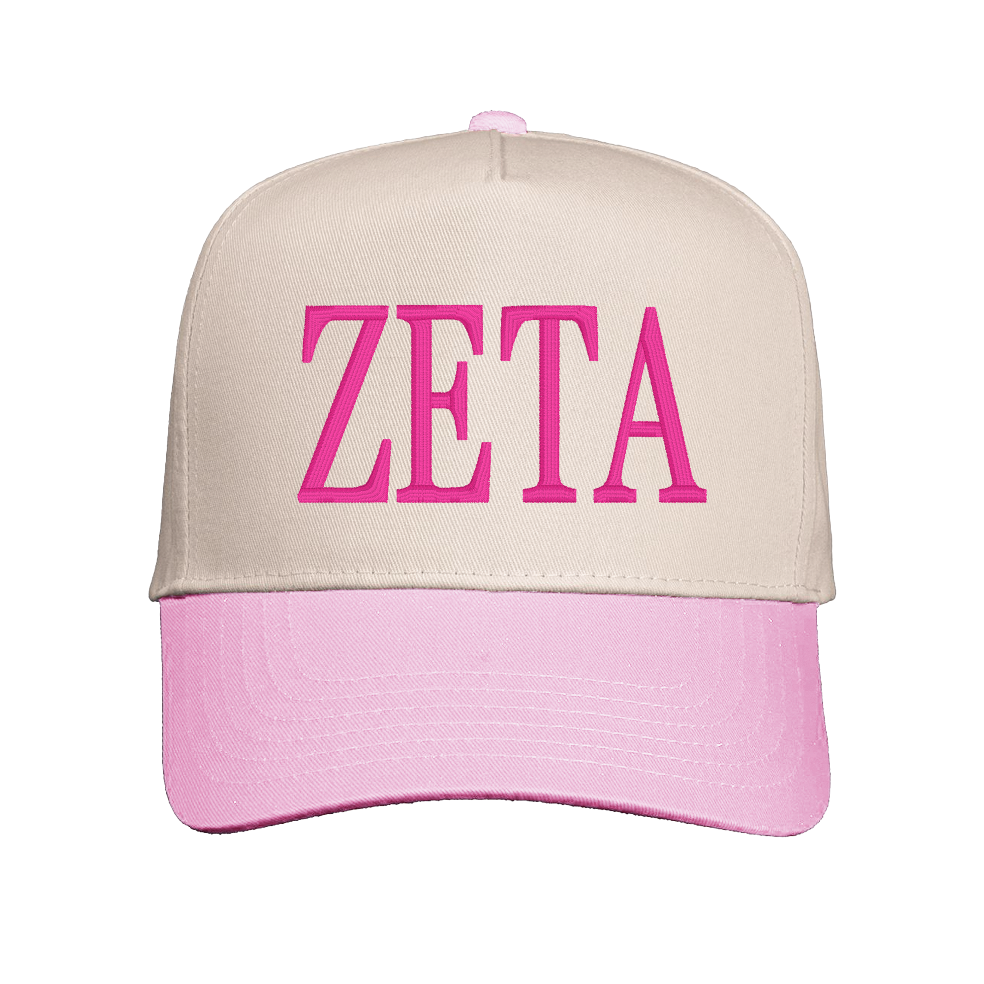 A beige baseball cap with the word "ZETA" printed in pink letters on the front.