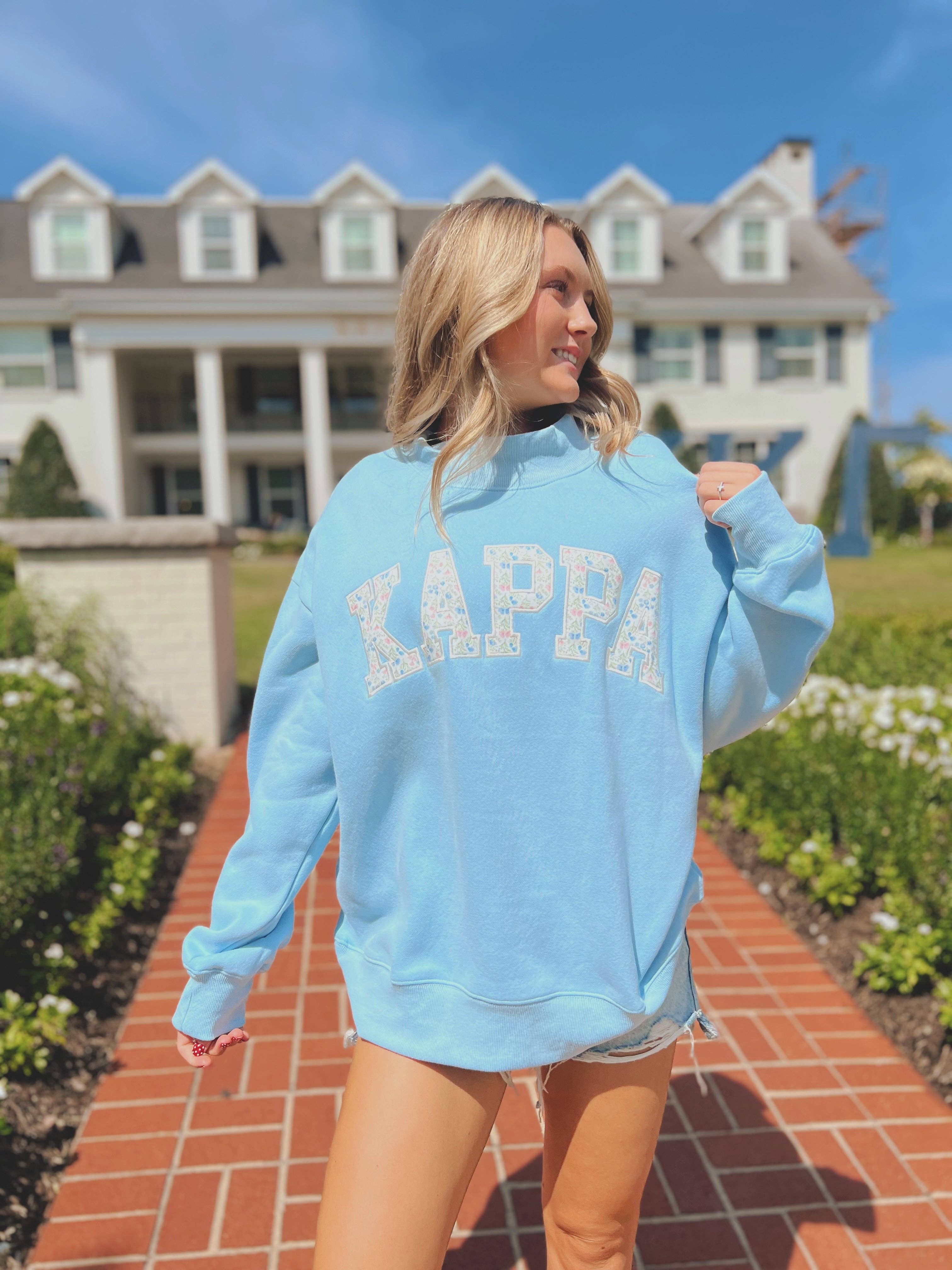 Alpha Chi Omega  Greek Floral Embroidered Mock-Neck Sweatshirt