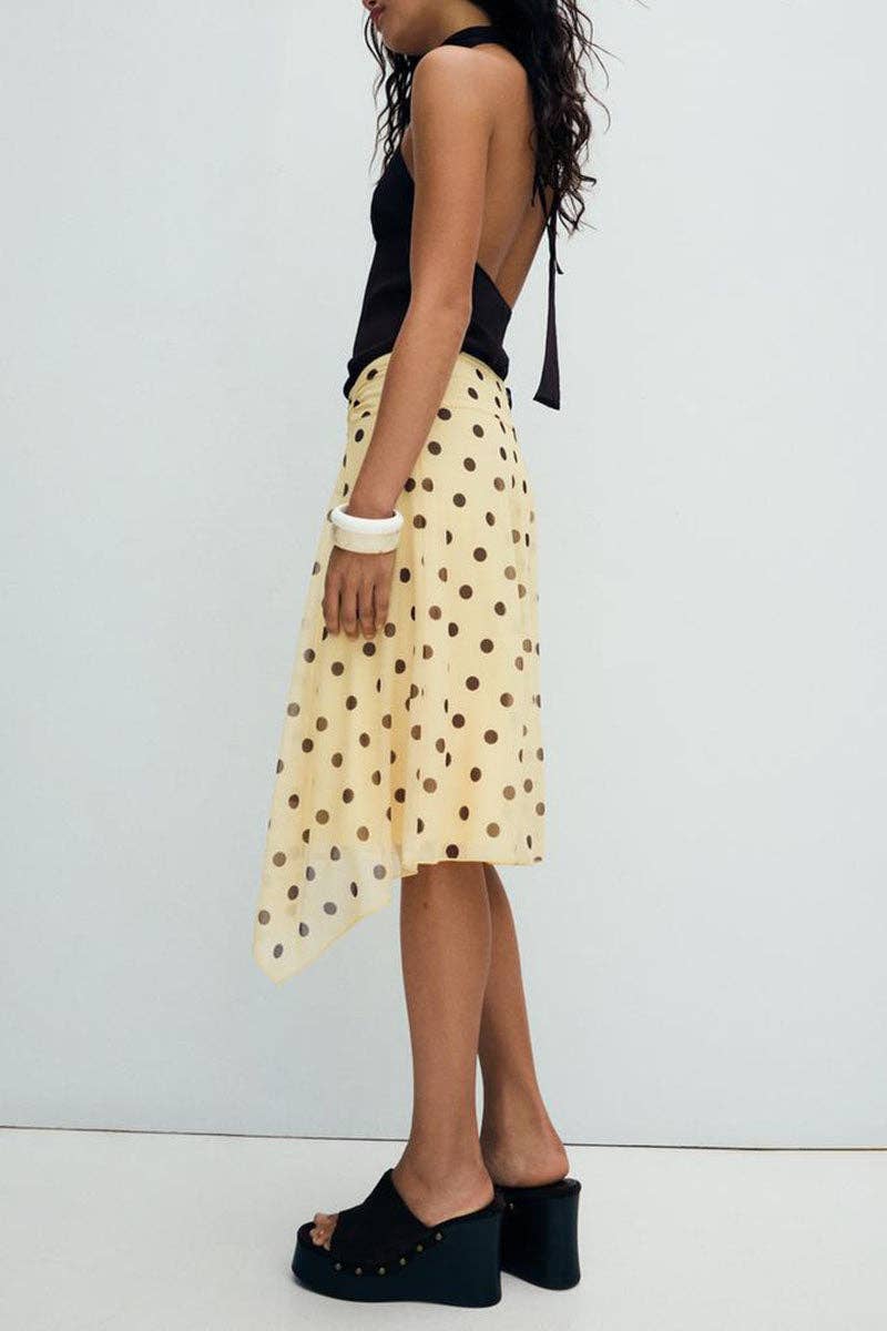 Polka Dot Asymmetrical Hem Midi Skirt
