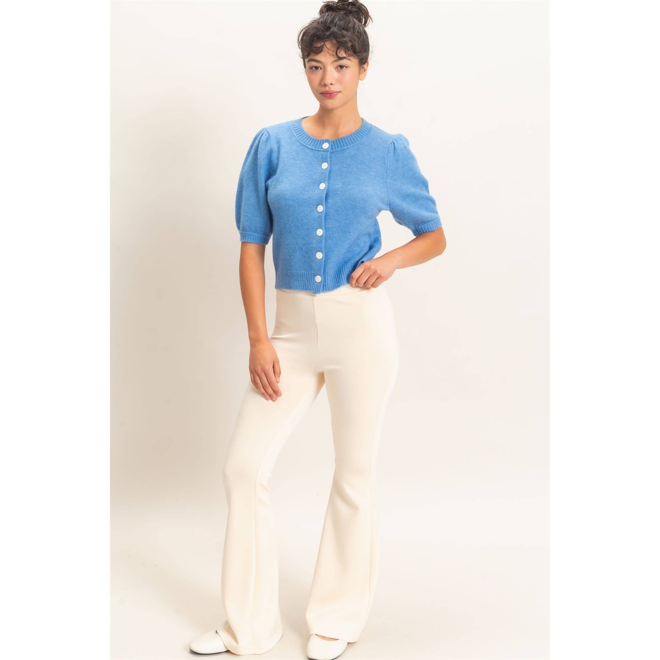 Button Front Puff Short Sleeve Cardigan