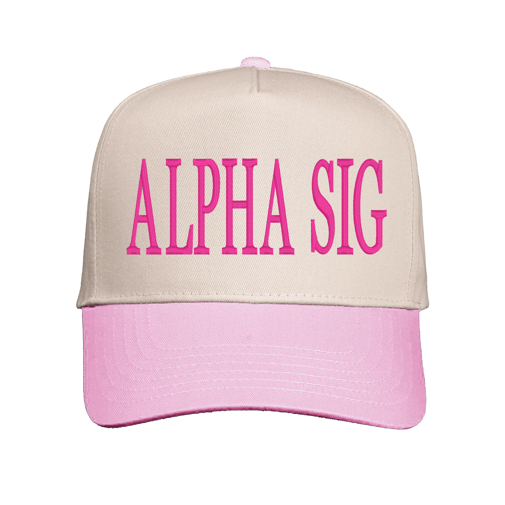 A pink and beige baseball cap with the text "ALPHA SIG" printed on it.