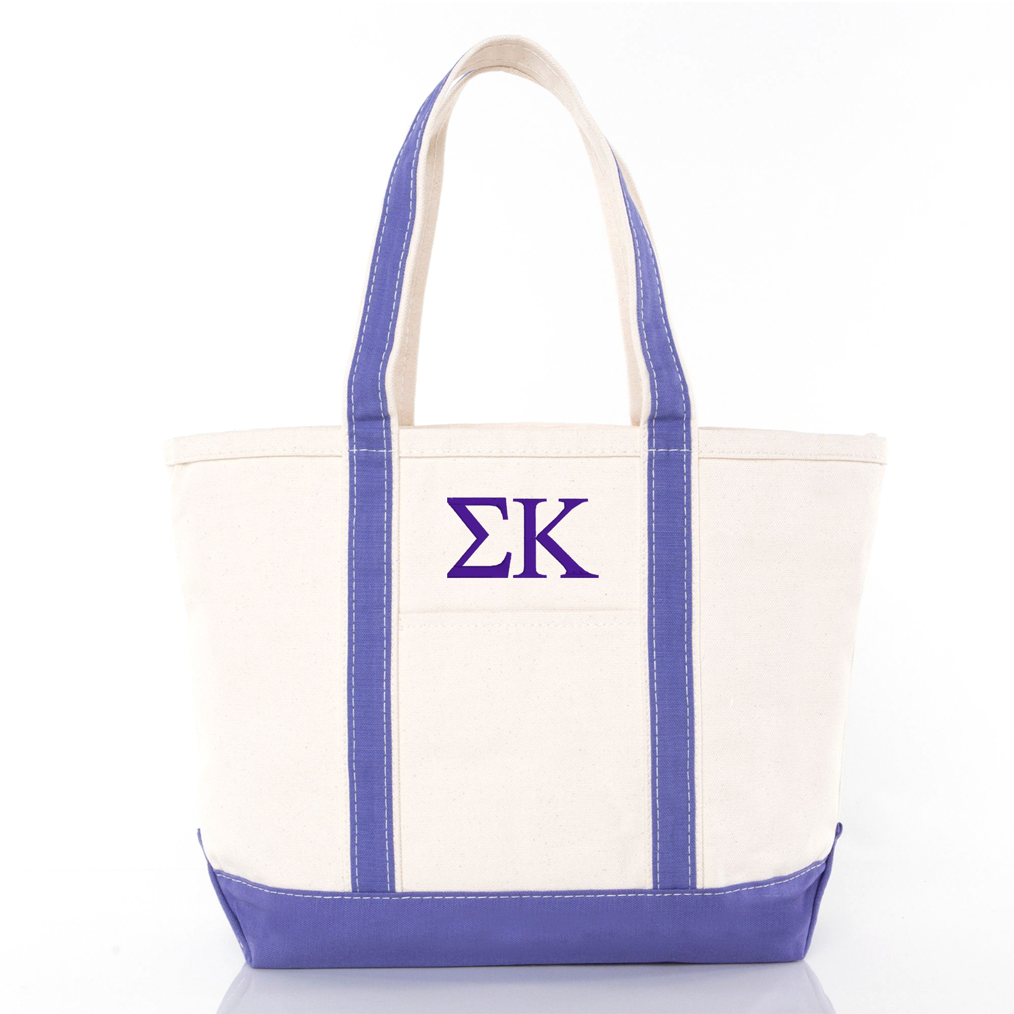 A white tote bag with blue trim and a purple "EK" monogram logo on the front.