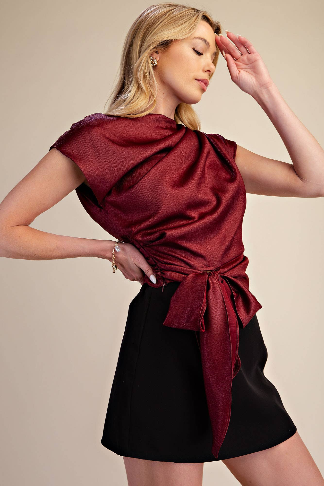 Asymmetrical Neck Waist Tie Blouse