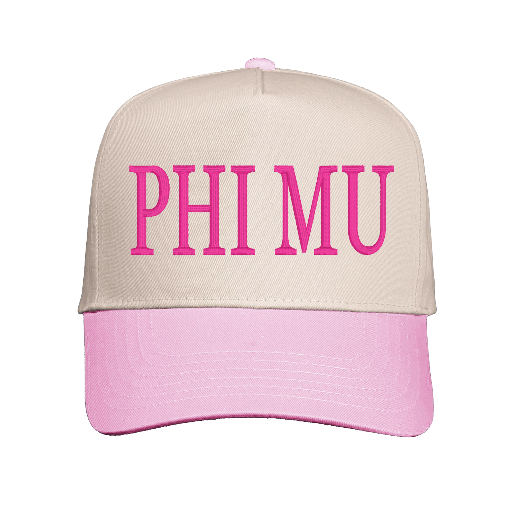 A tan baseball cap with pink text that says "PHI MU" on it.