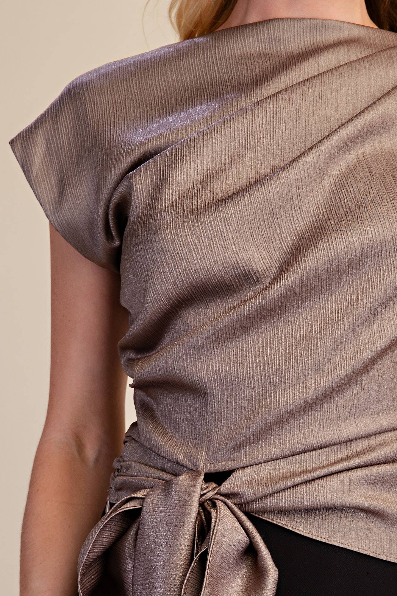 Asymmetrical Neck Waist Tie Blouse