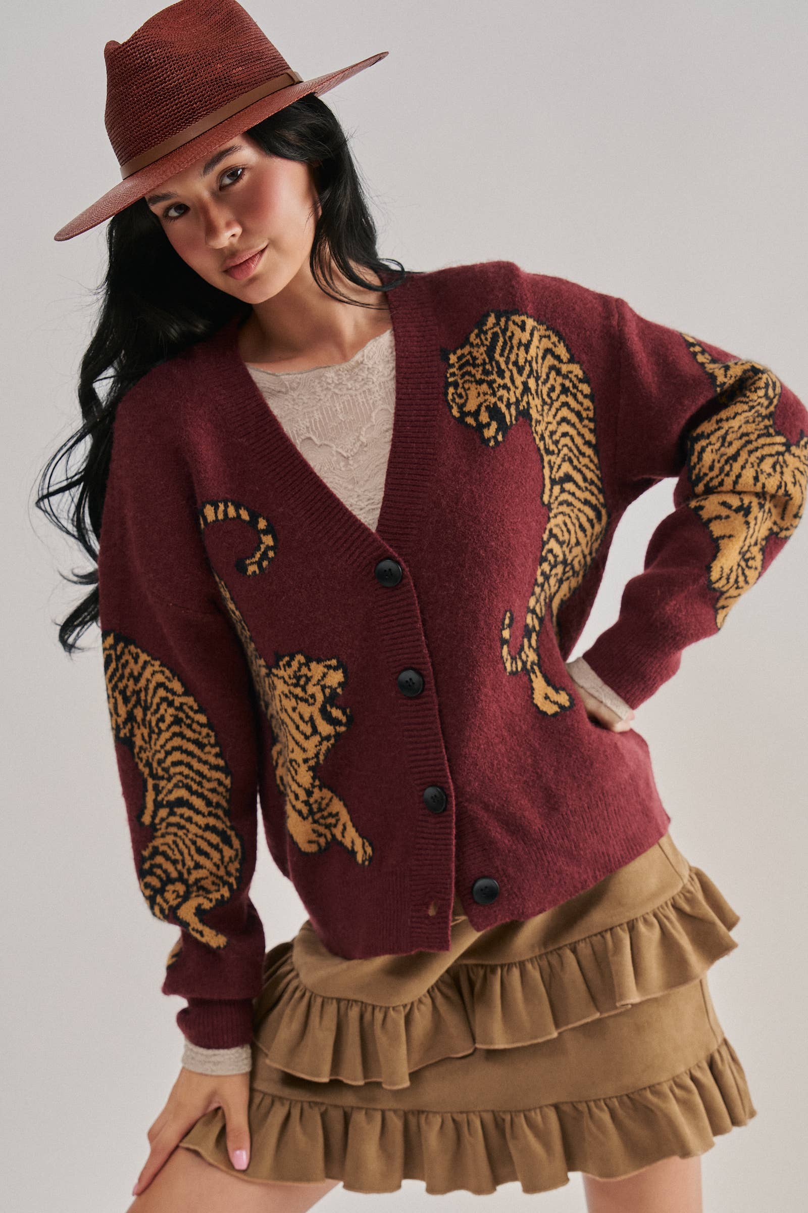 Tiger Jacquard Knit Sweater Cardigan