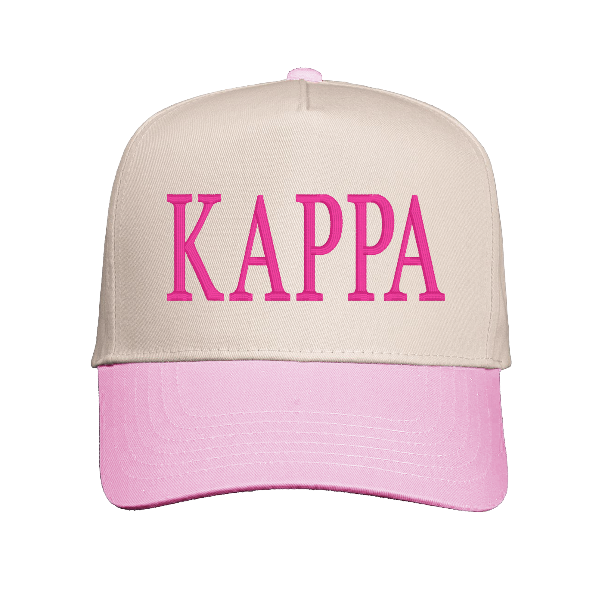 A beige baseball cap with pink text that says "KAPPAN" on it.