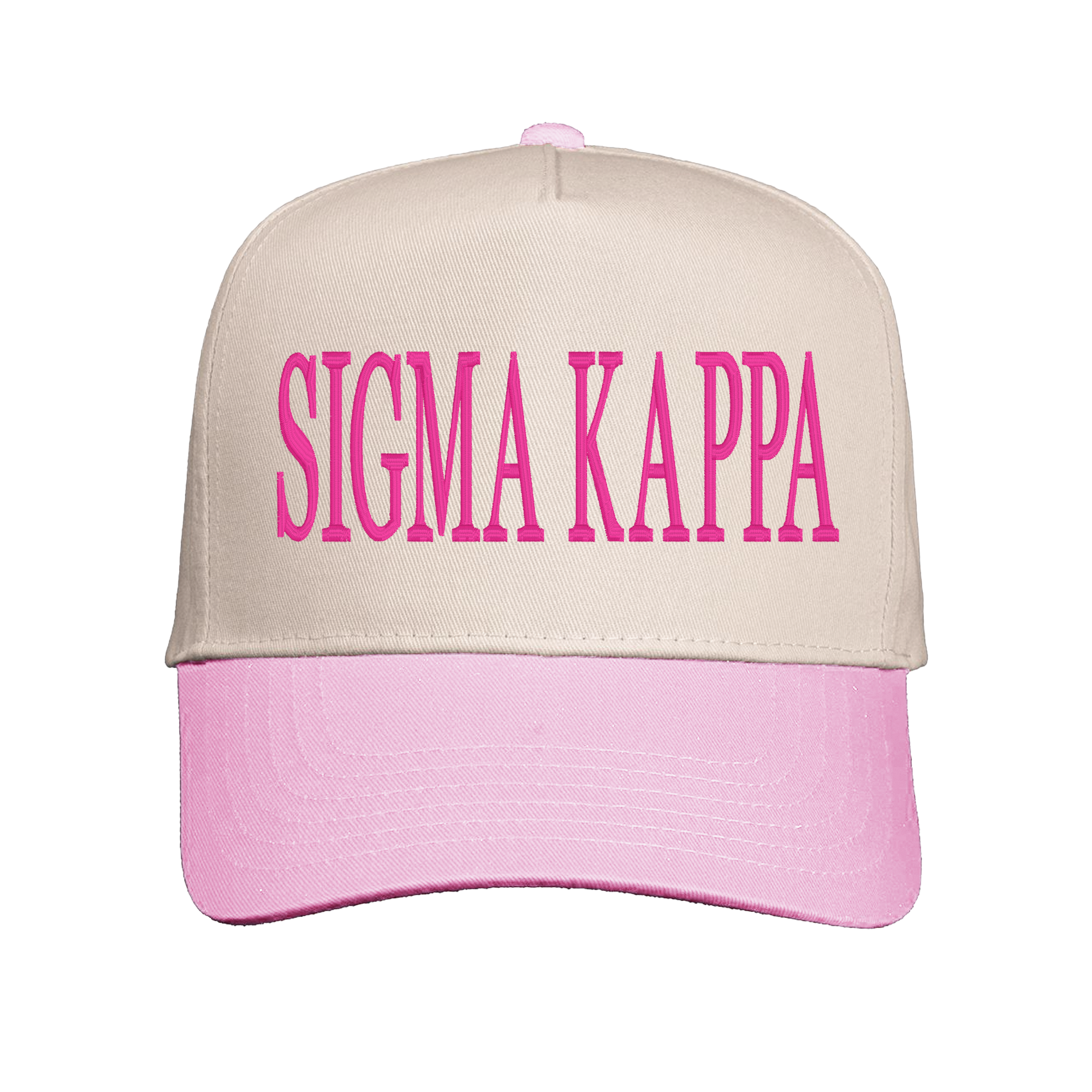A beige baseball cap with pink text that says "SIGMA KAPPAN" printed on it.