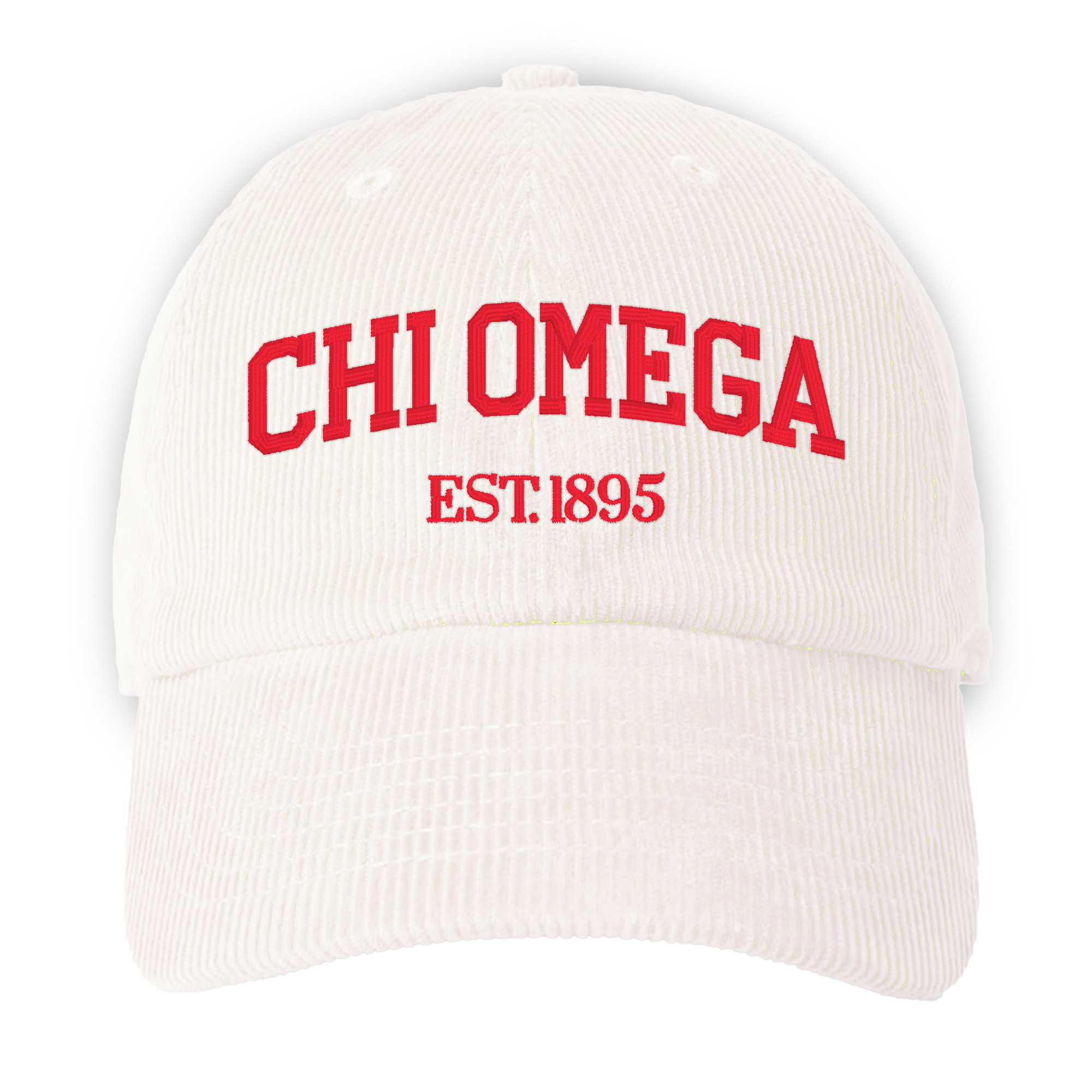 a white hat with the word chi omega on it