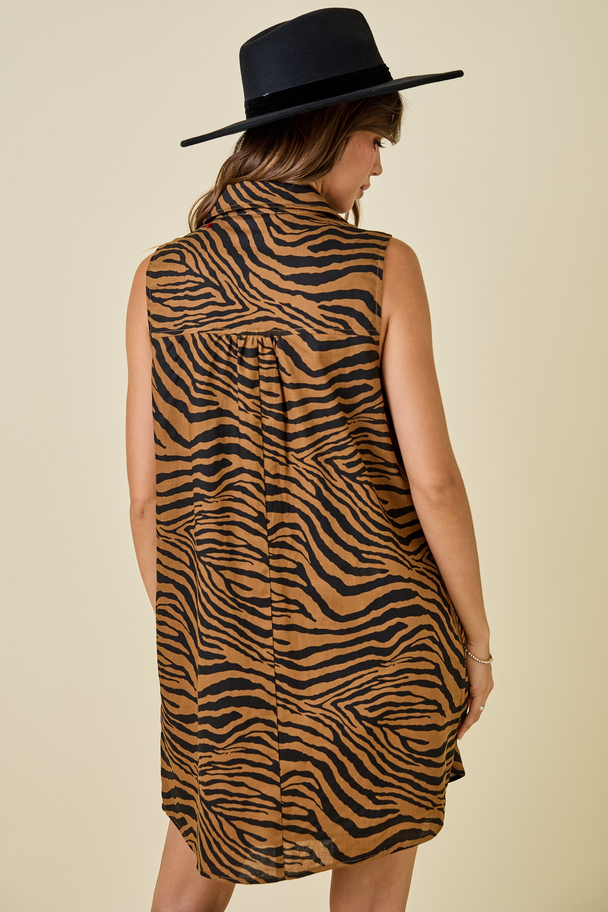Tiger Print Button Down Shirt Dress With Pockets