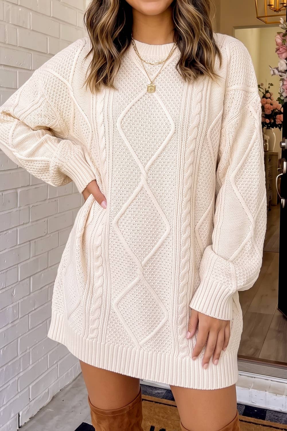 Cable Knit Loose Fit Sweater Mini Dress