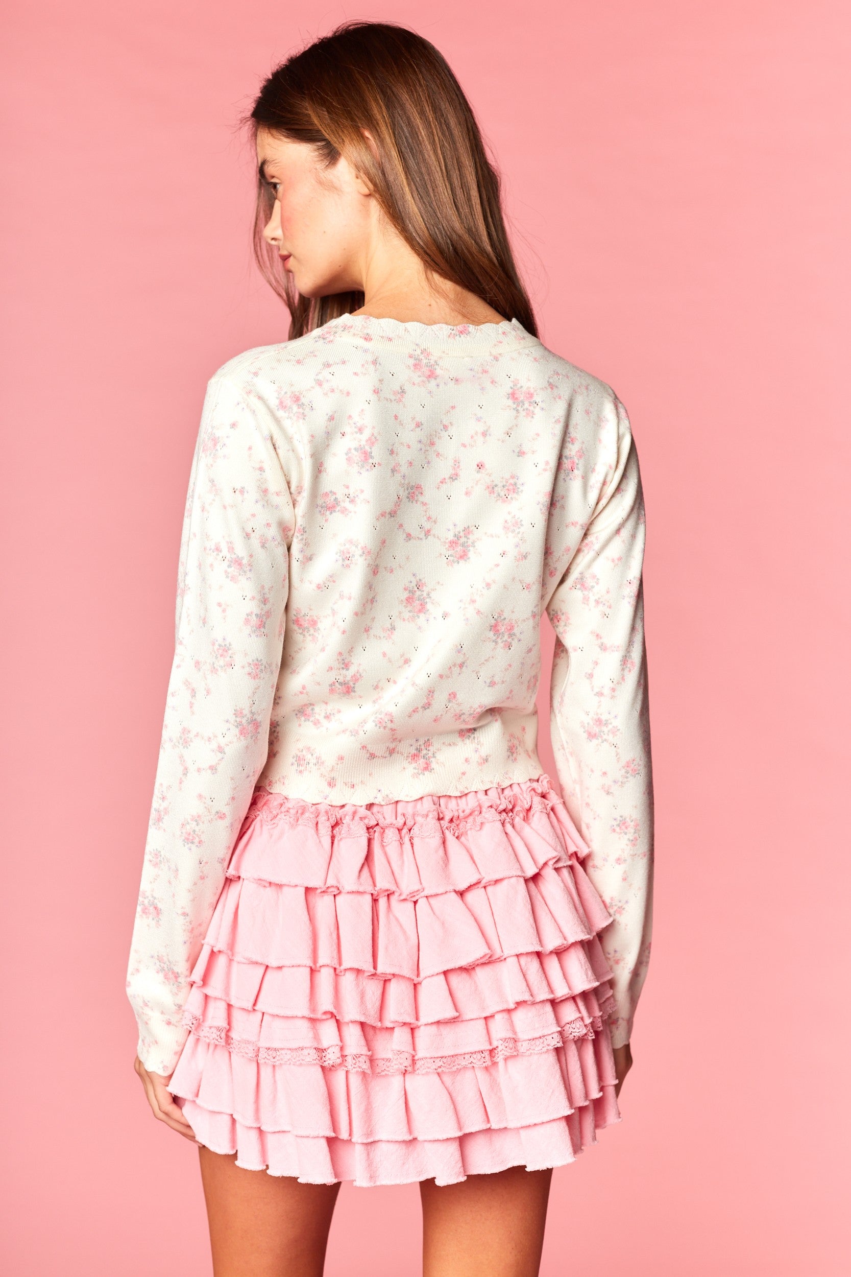 Floral Scallop Trim Button Cardigan