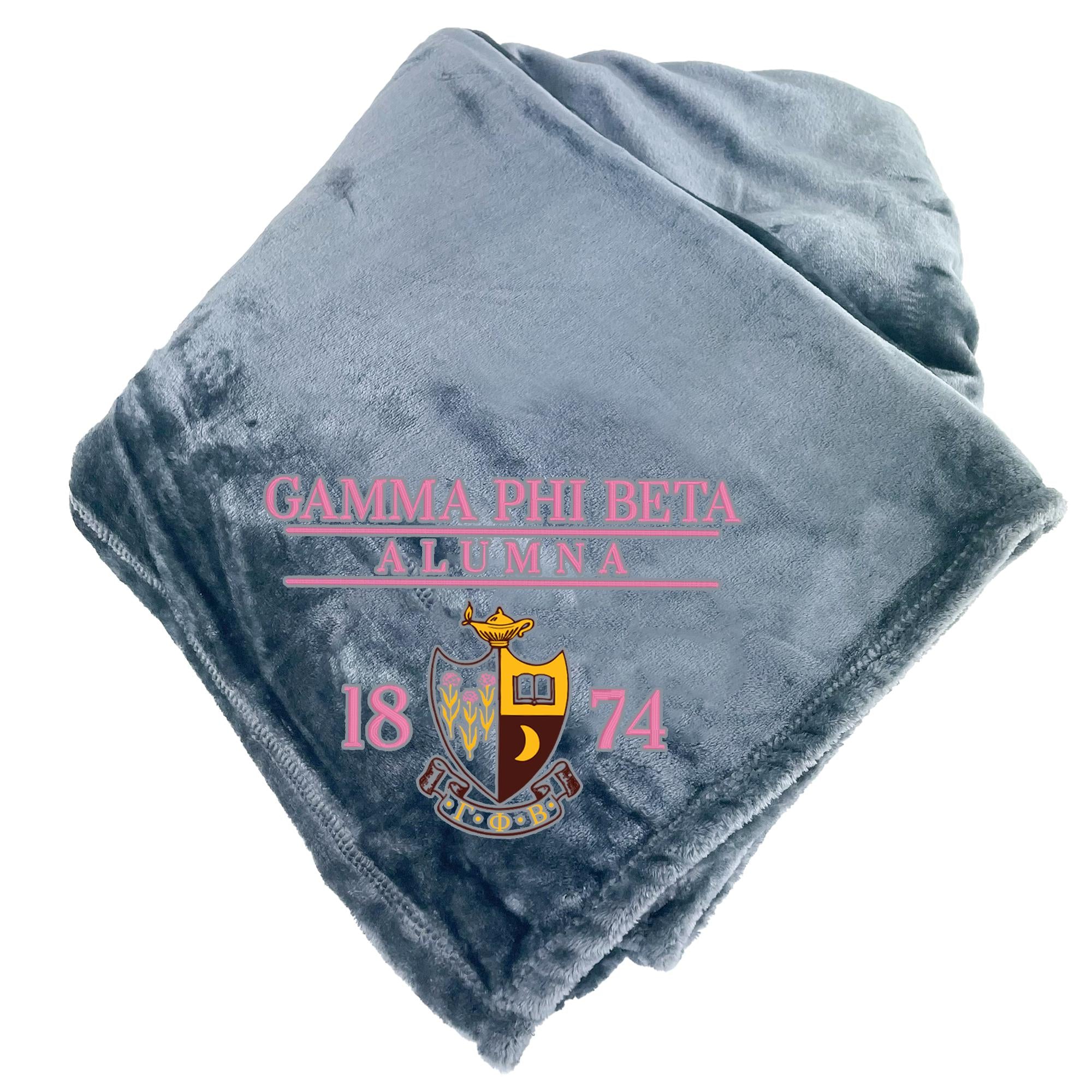 a gray blanket with text and a crest printed on it.