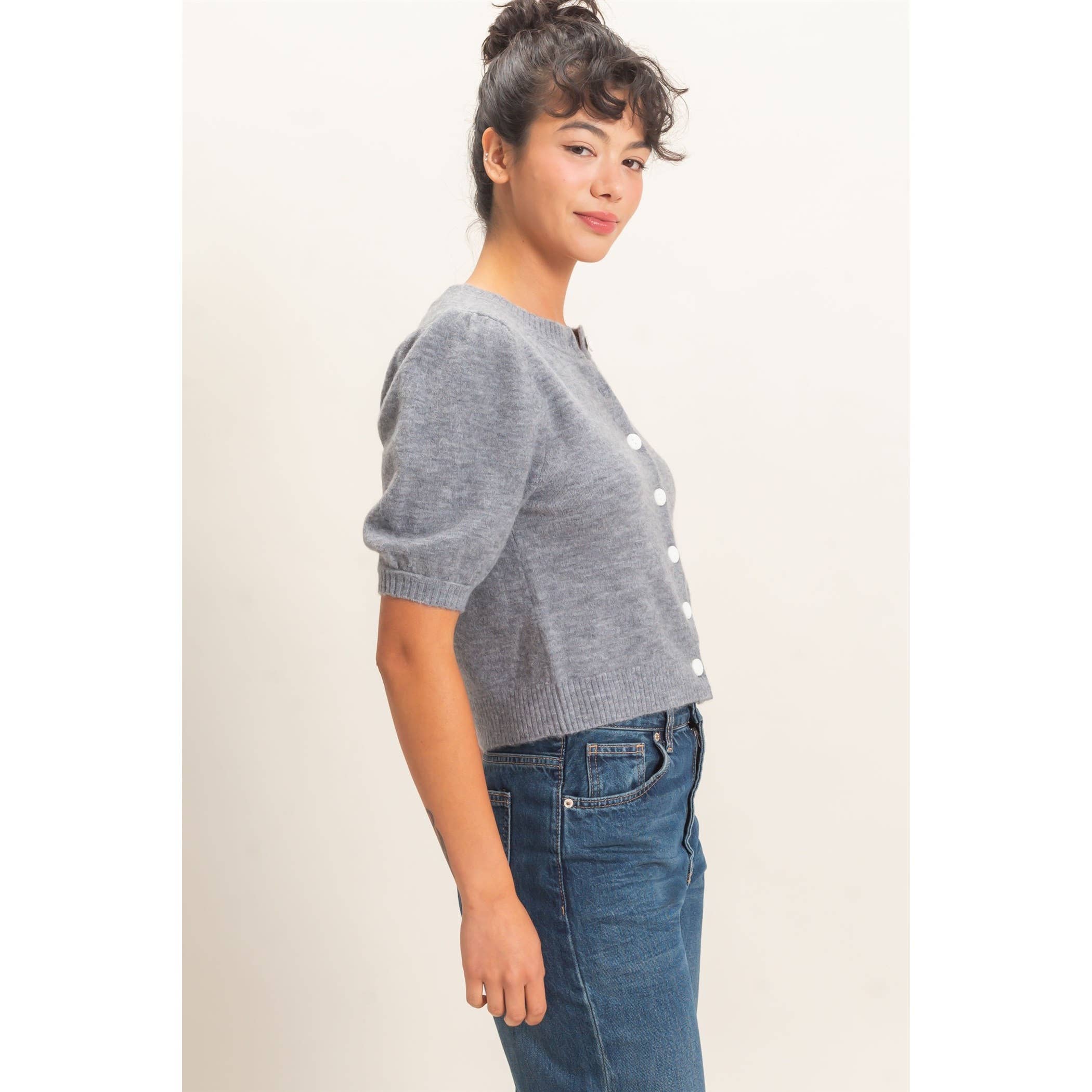 Button Front Puff Short Sleeve Cardigan