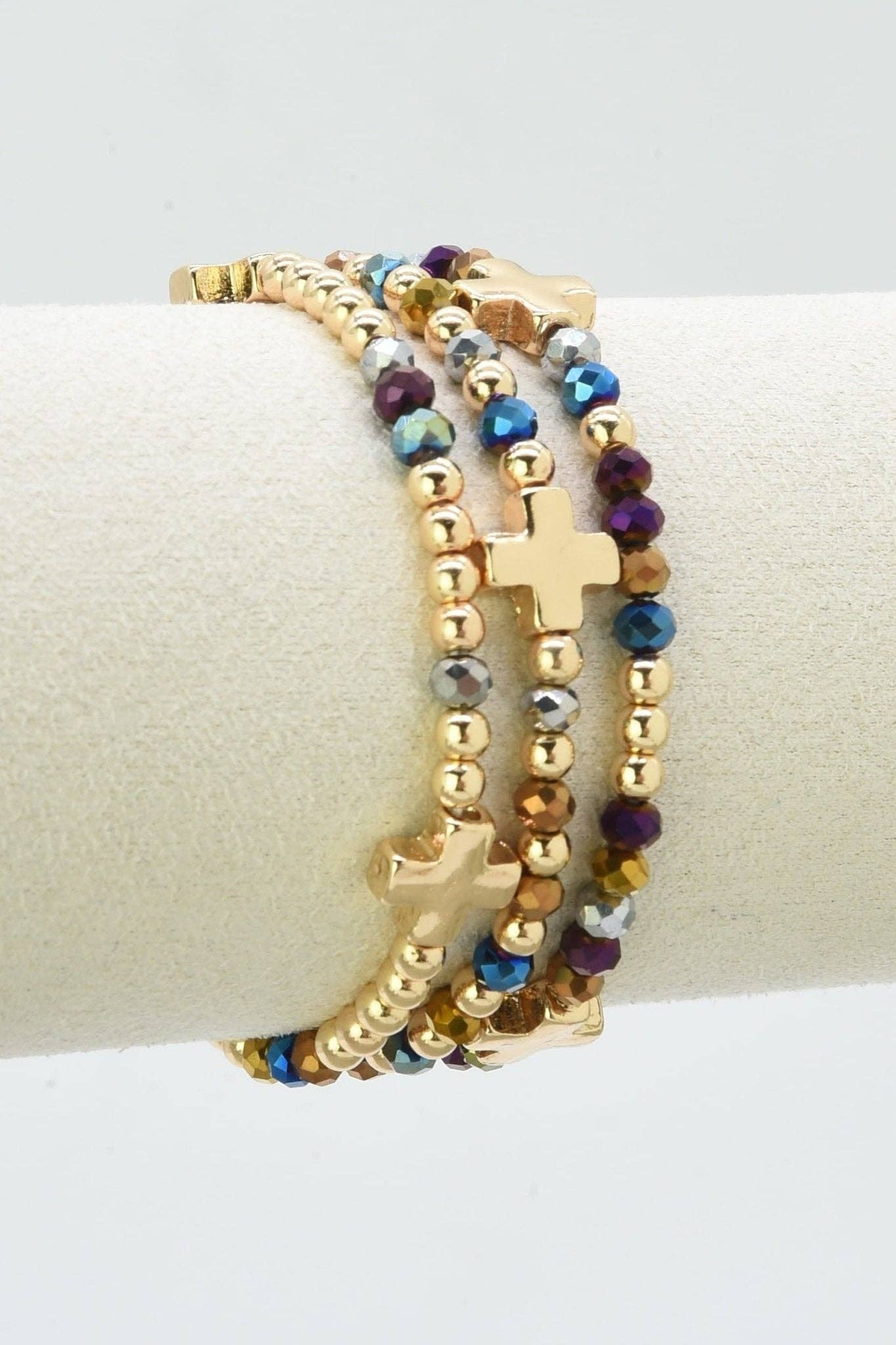 Clara Three-Piece Glass Bead Cross Bracelet Set