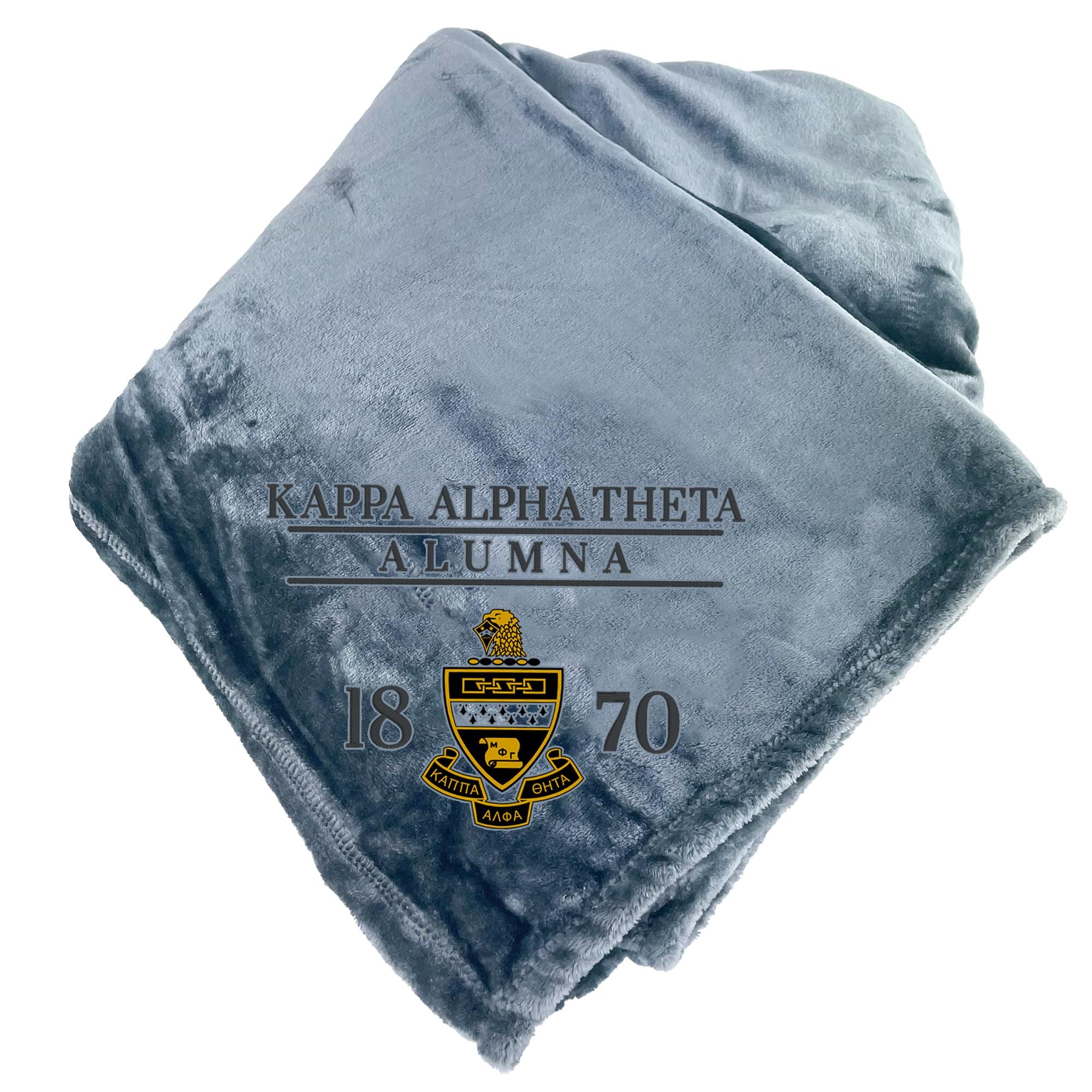 A gray fleece blanket with text and a crest design printed on it.
