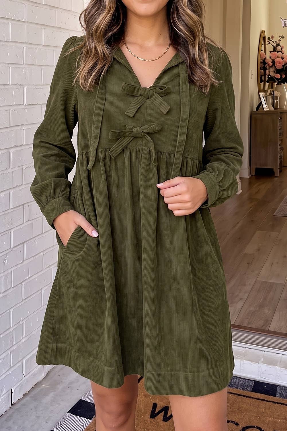 Retro Bow Knot Front Corduroy Mini Dress