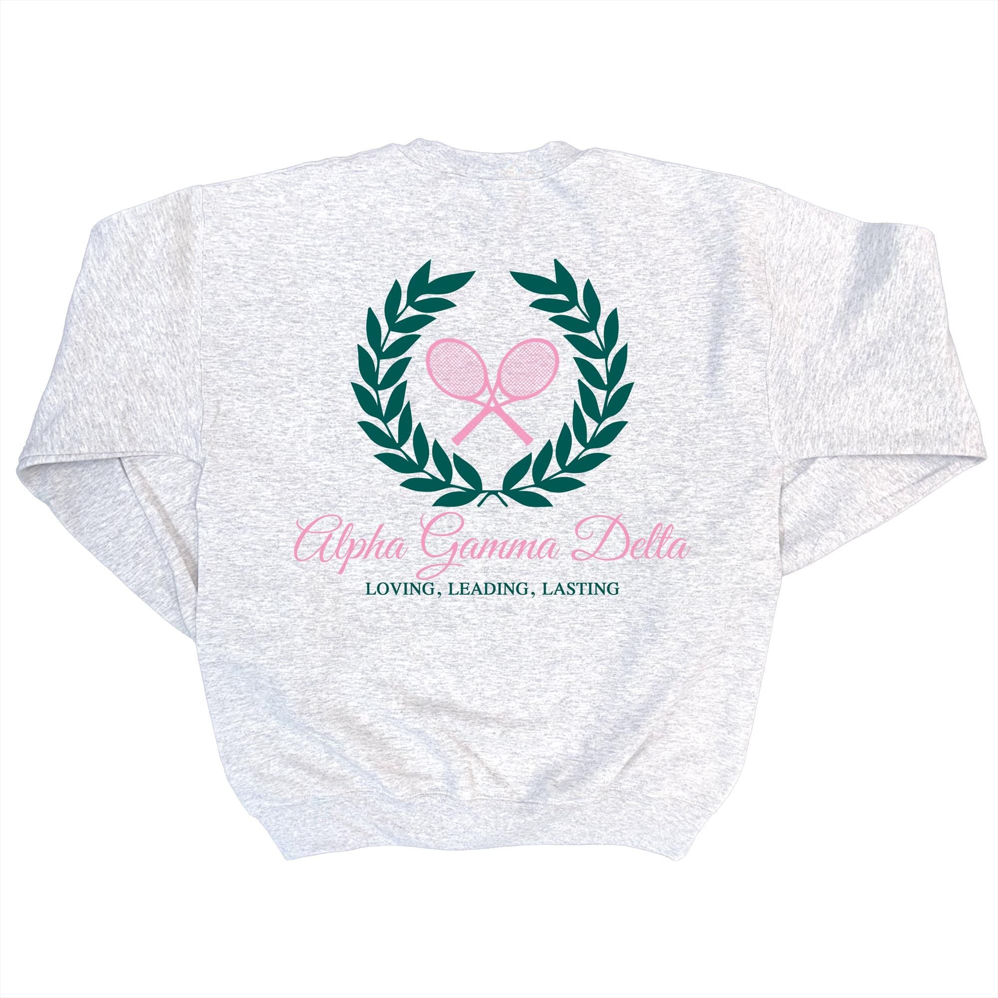 Alpha Gamma Delta Tennis Club - Embroidered & Printed Preppy Sorority Sweater - Ash