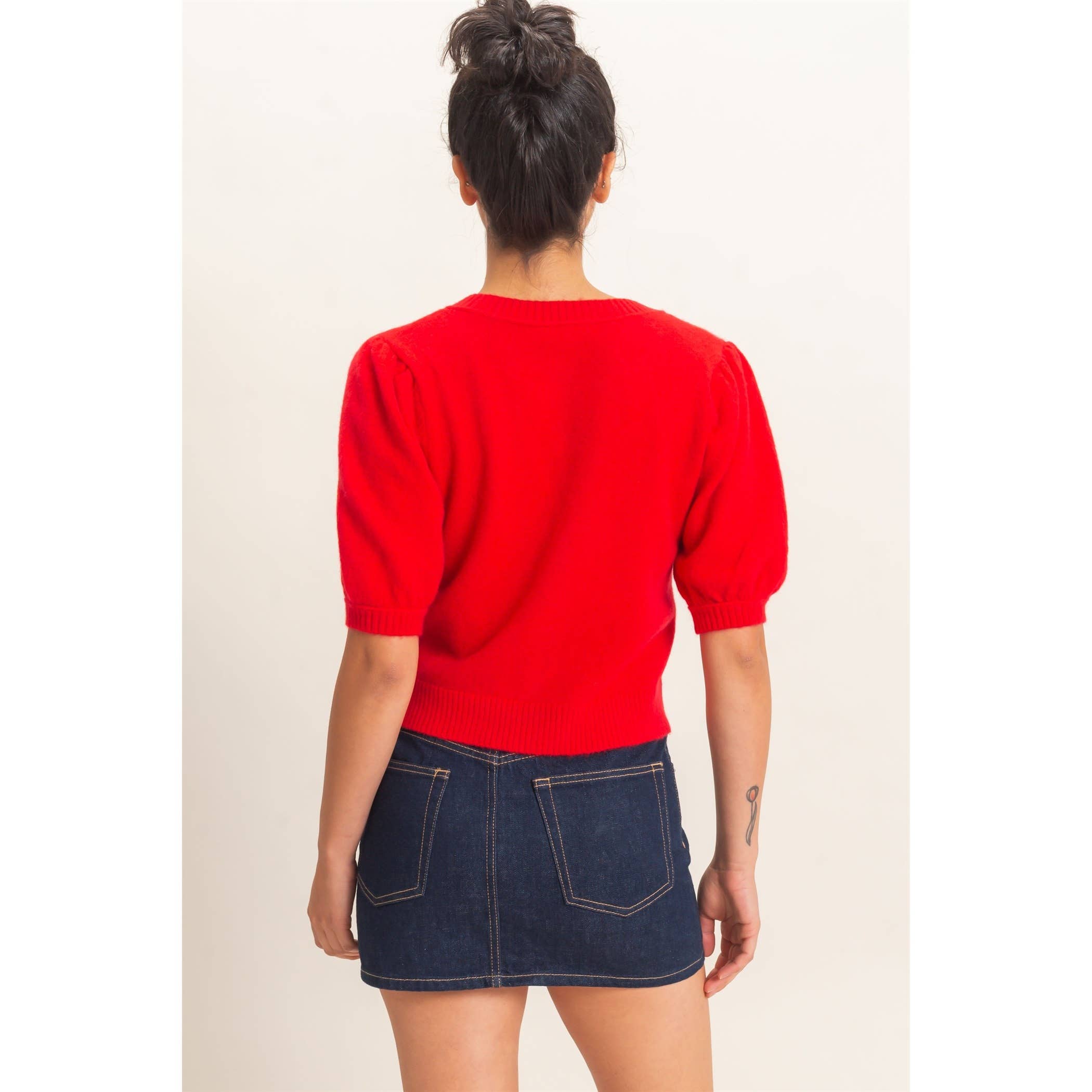 Button Front Puff Short Sleeve Cardigan