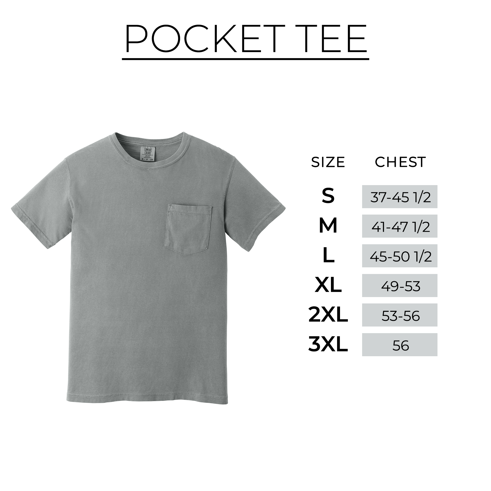 a gray pocket t-shirt with a size chart indicating the different sizes available, including a small, medium, and large size.