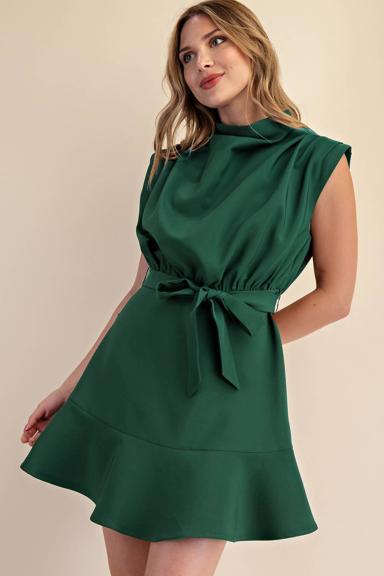 Cowl Neck Sleeveless Waist Tie Fall Mini Dress