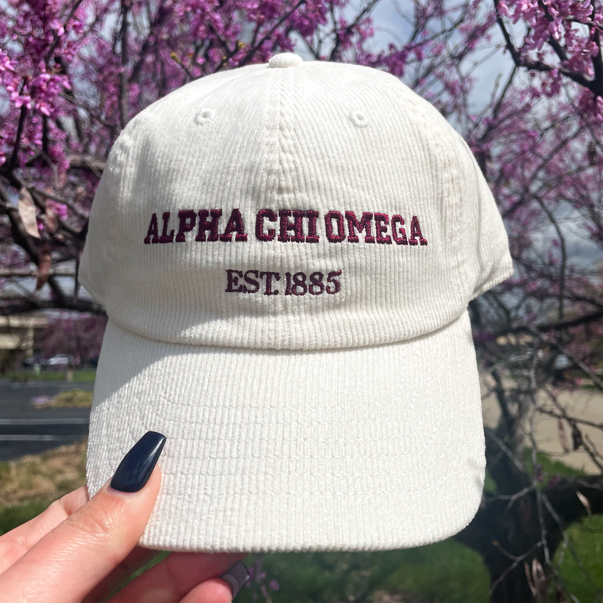 a person holding up a white hat with the words, alpa chi omega est