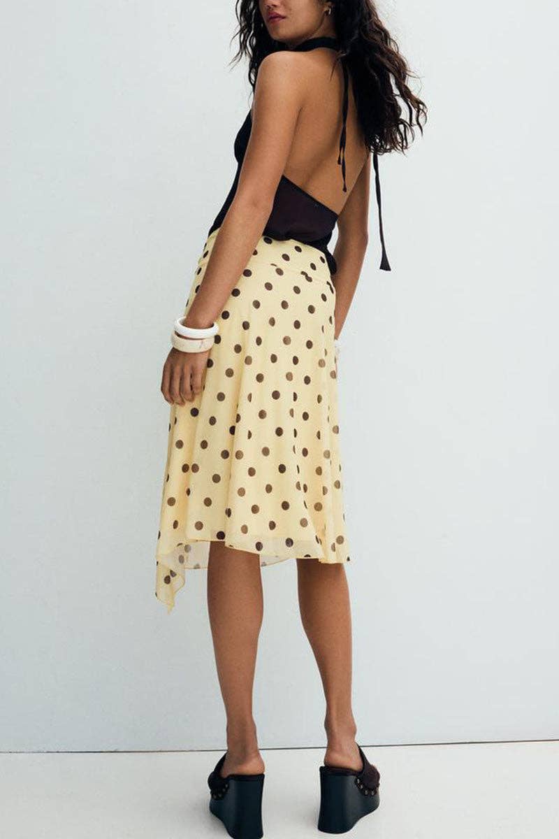 Polka Dot Asymmetrical Hem Midi Skirt