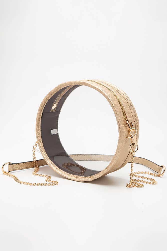 Solid Color Trim Clear Round Crossbody Bag: Gold