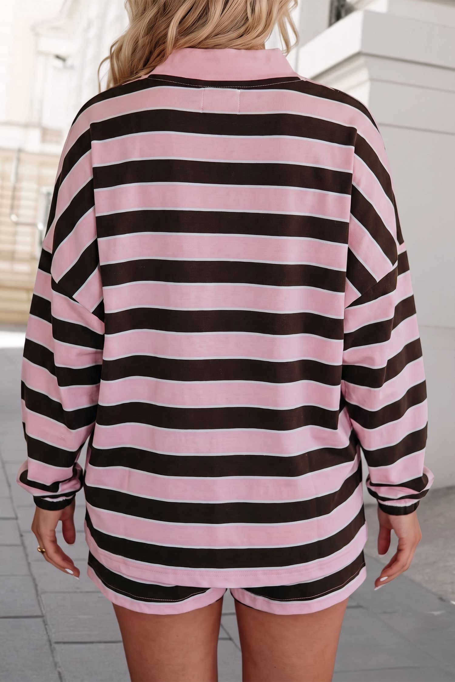 Striped Print Mock Neck Oversized Shorts Set