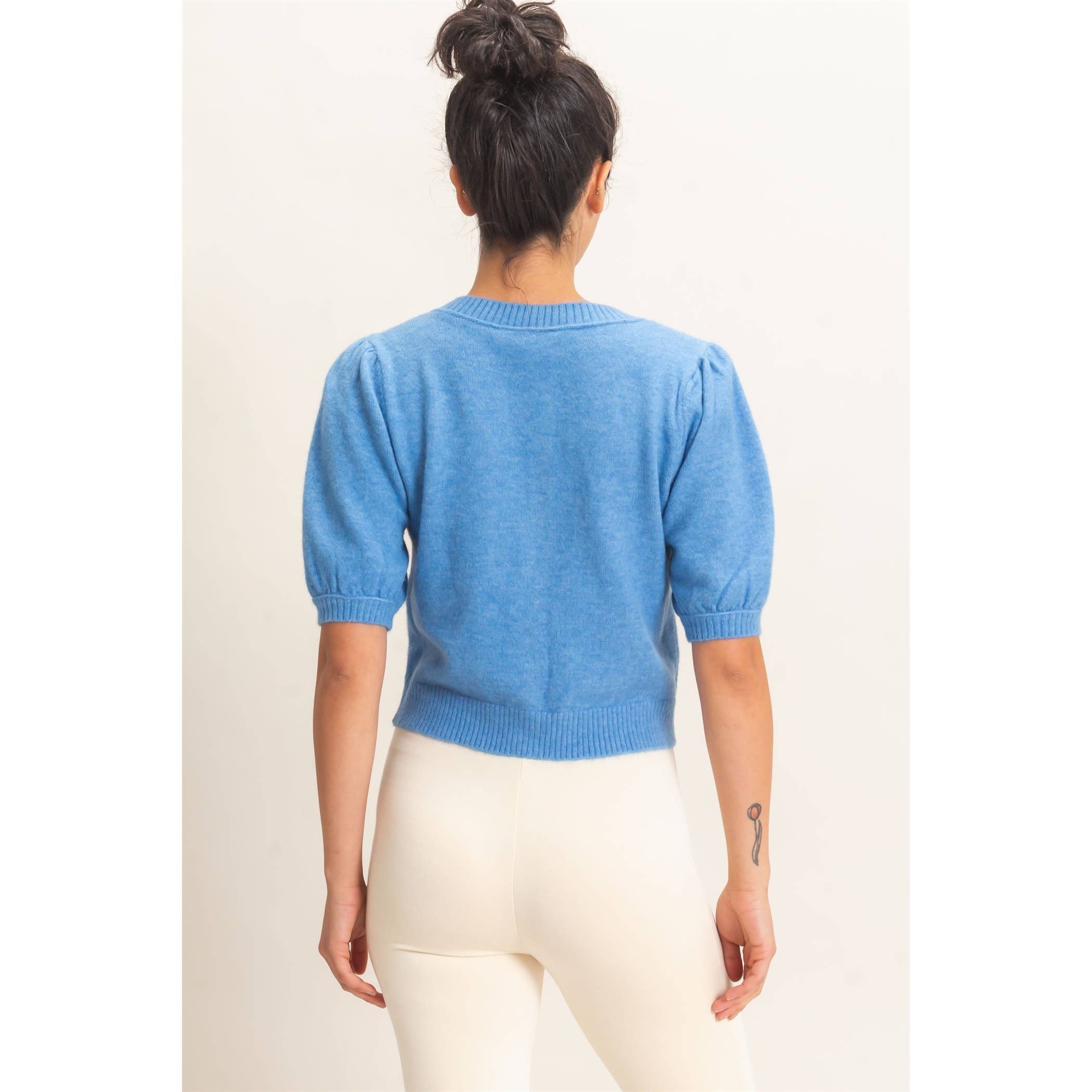 Button Front Puff Short Sleeve Cardigan