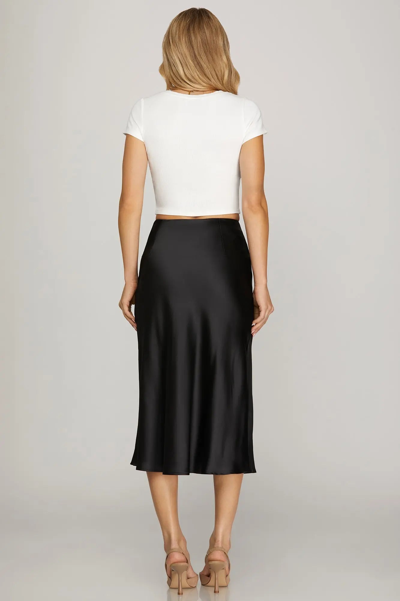 Black Satin Bias Midi Skirt