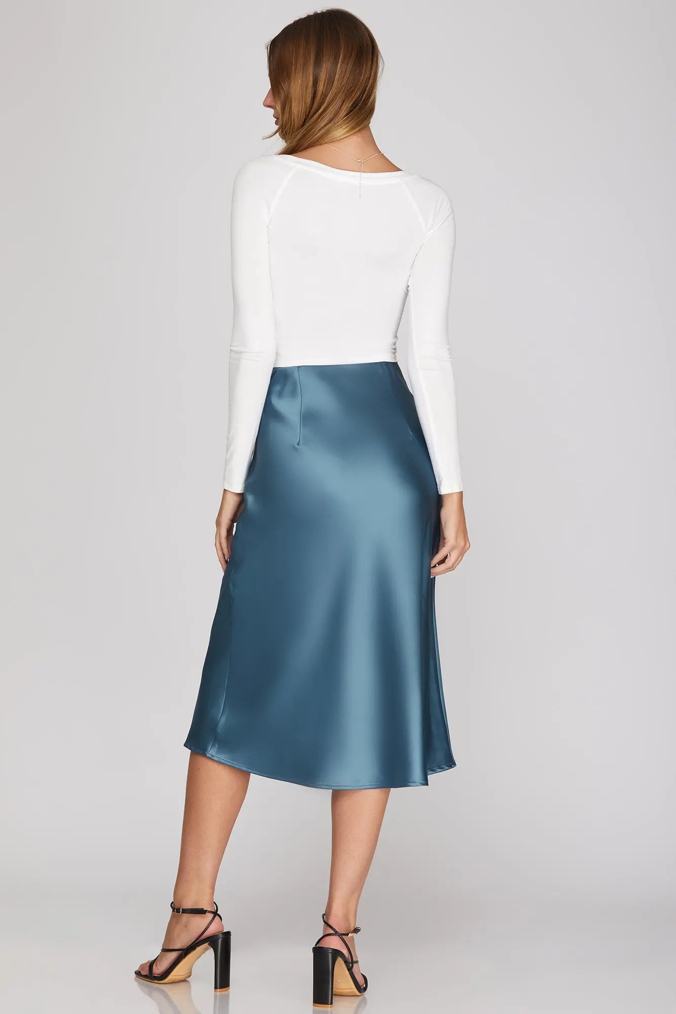 Dusty Blue Satin Bias Midi Skirt