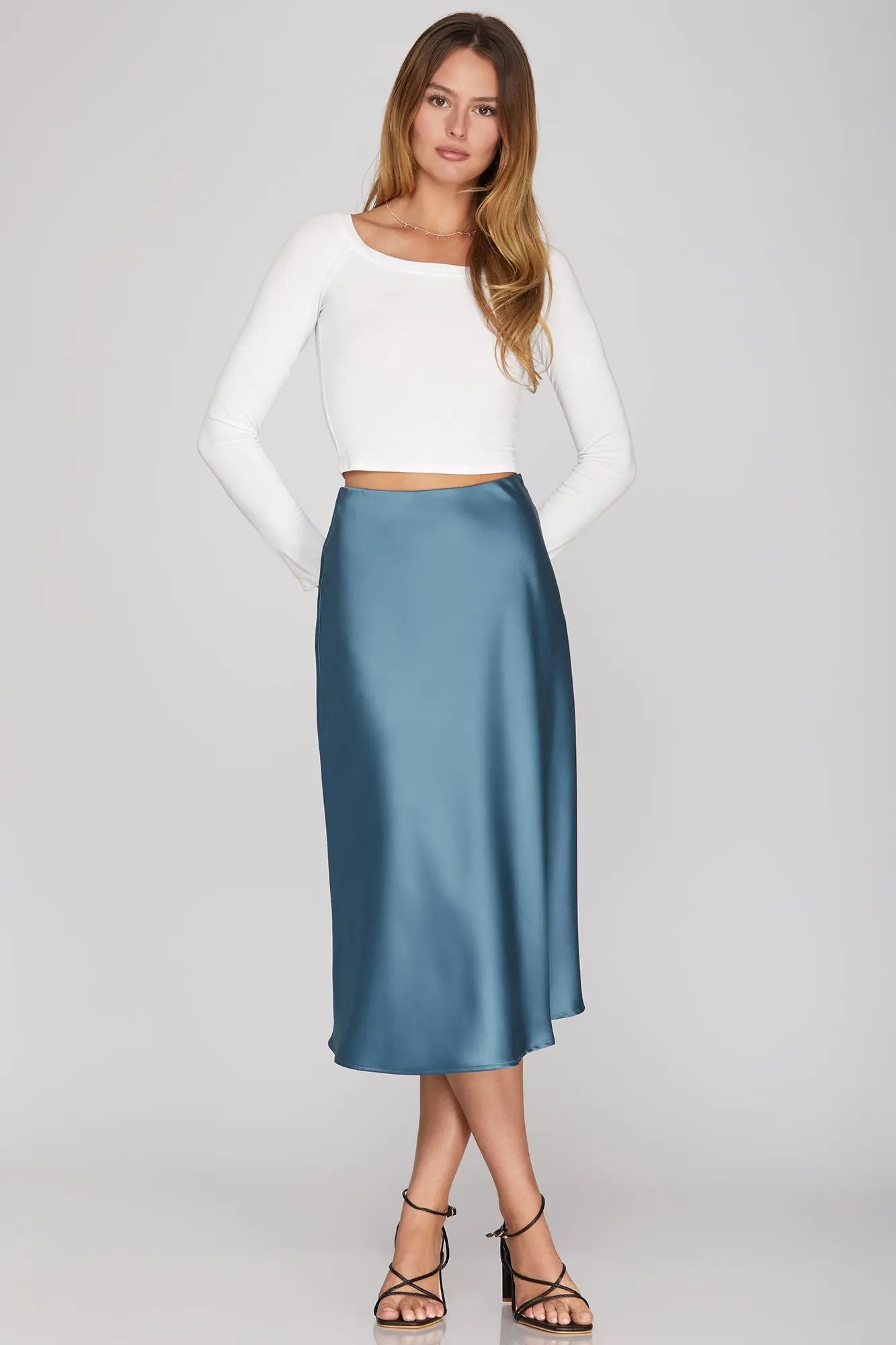 Dusty Blue Satin Bias Midi Skirt