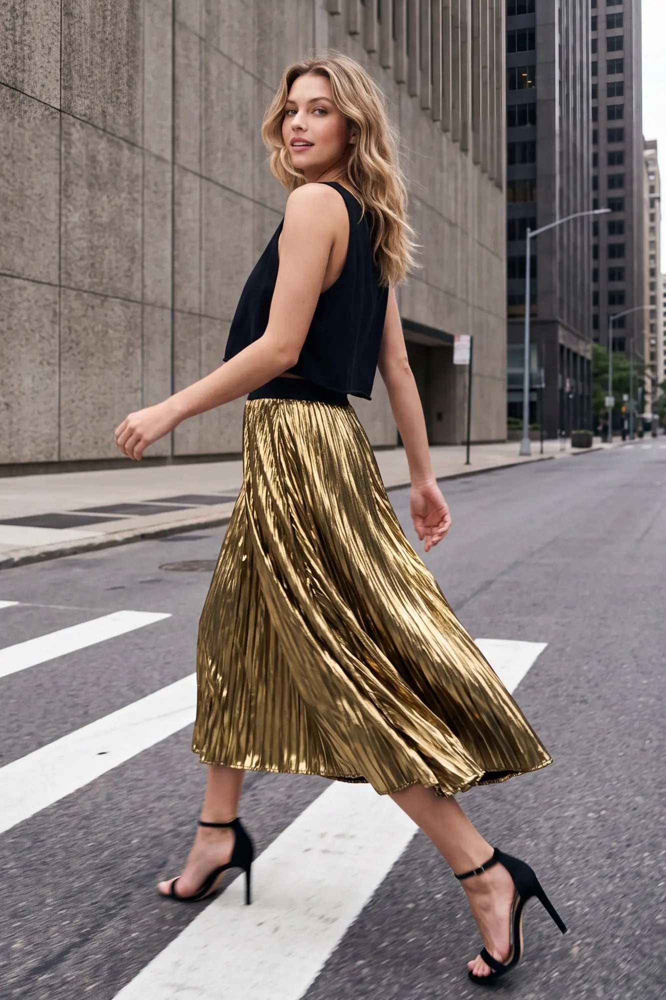 Gold Pleated Metallic Midi Skirt