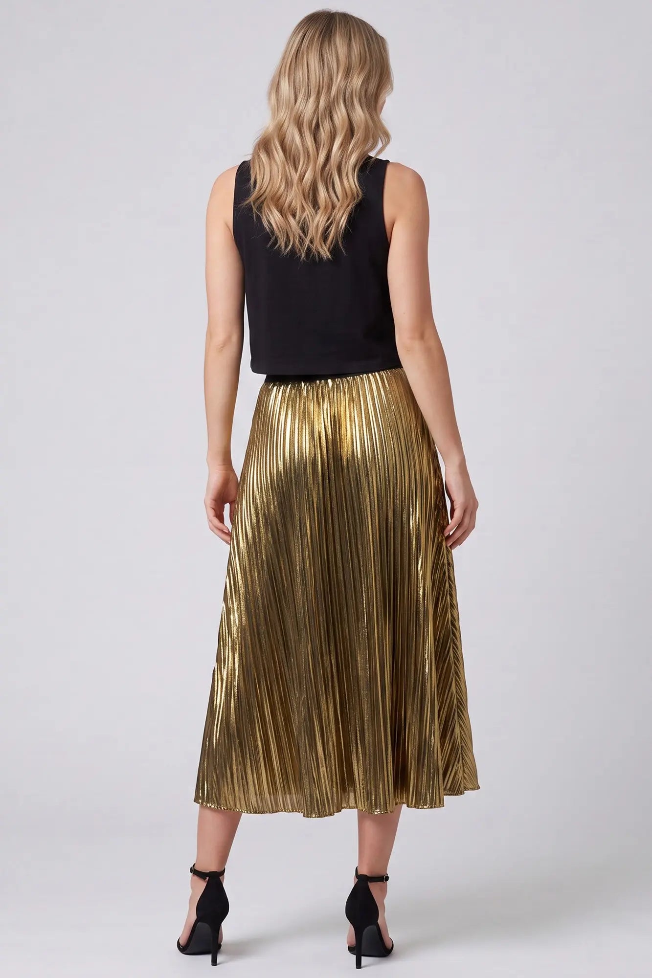 Gold Pleated Metallic Midi Skirt