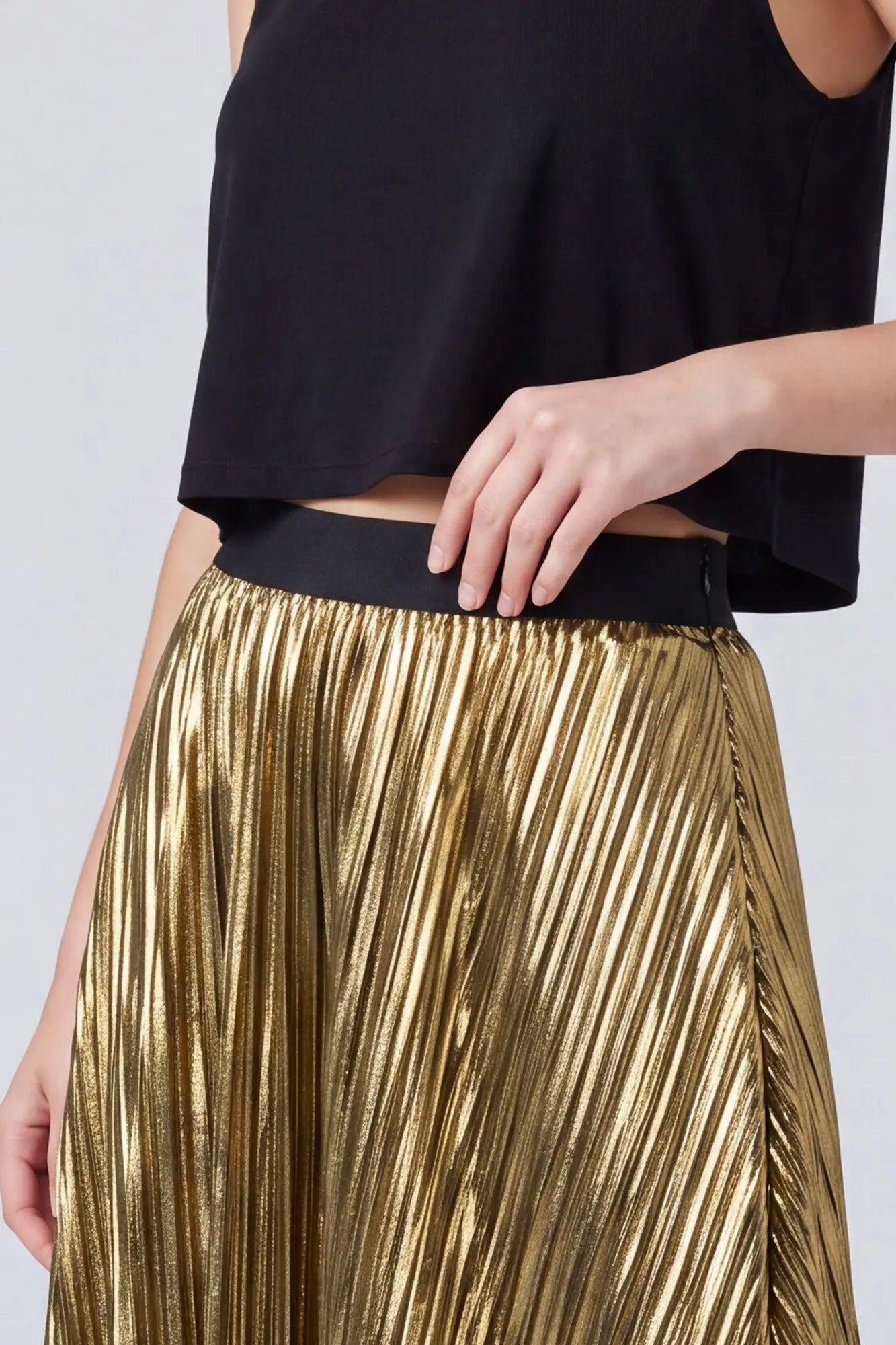 Gold Pleated Metallic Midi Skirt