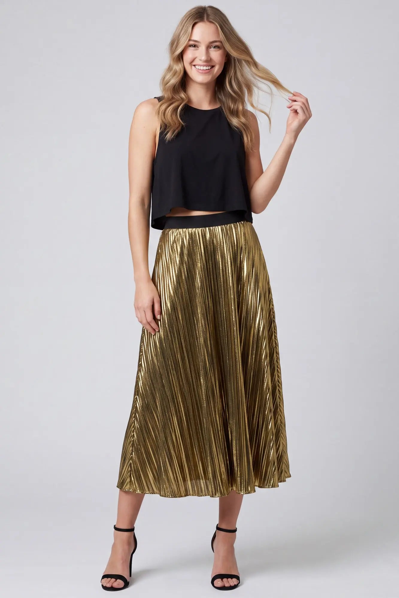 Gold Pleated Metallic Midi Skirt