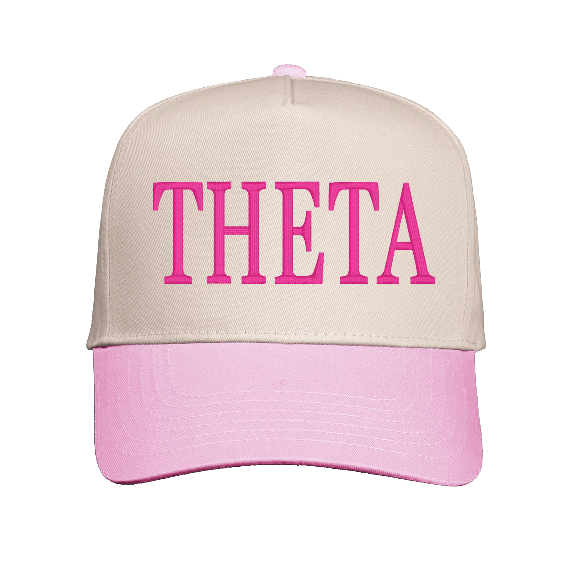 A pink and beige baseball cap with the word "THETA" printed on it in pink letters.