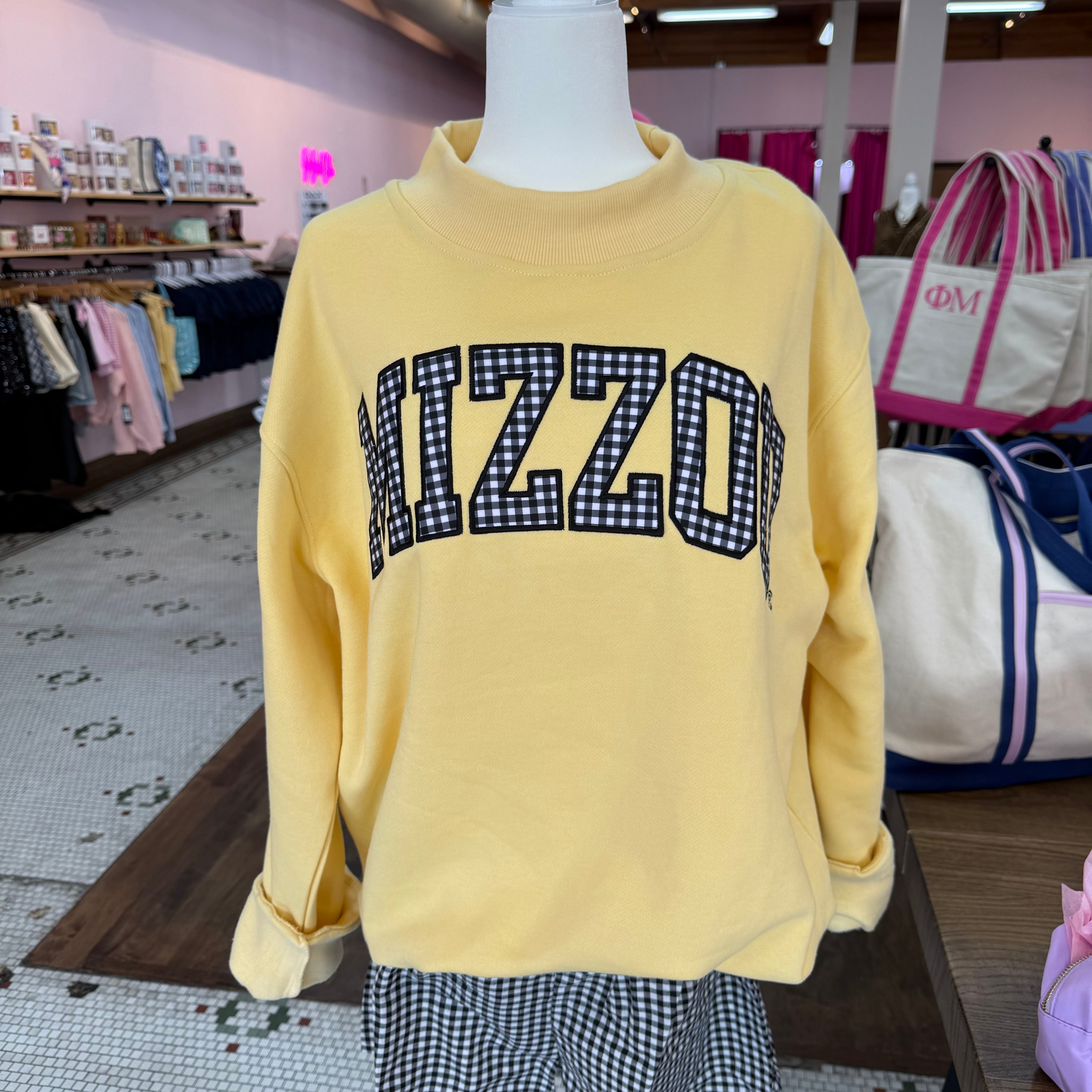 Mizzou® Gingham Butter Yellow Mock Neck Sweatshirt - Officially Licensed GGC