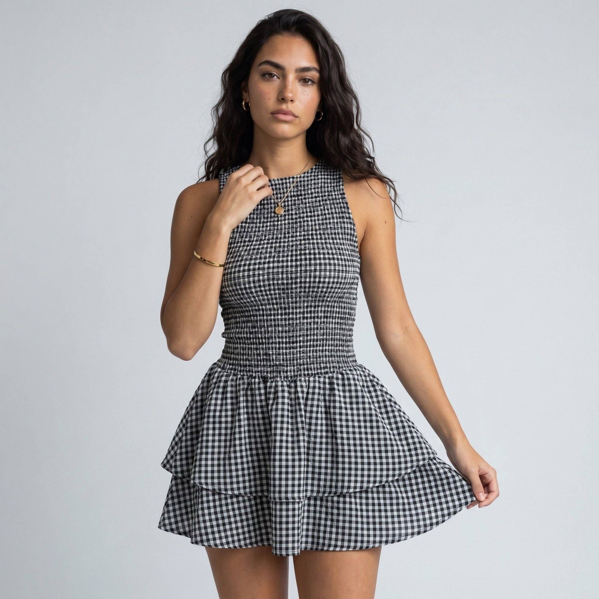 Gingham Sleeveless Smocked Mini Dress with Tiered Ruffle Skirt