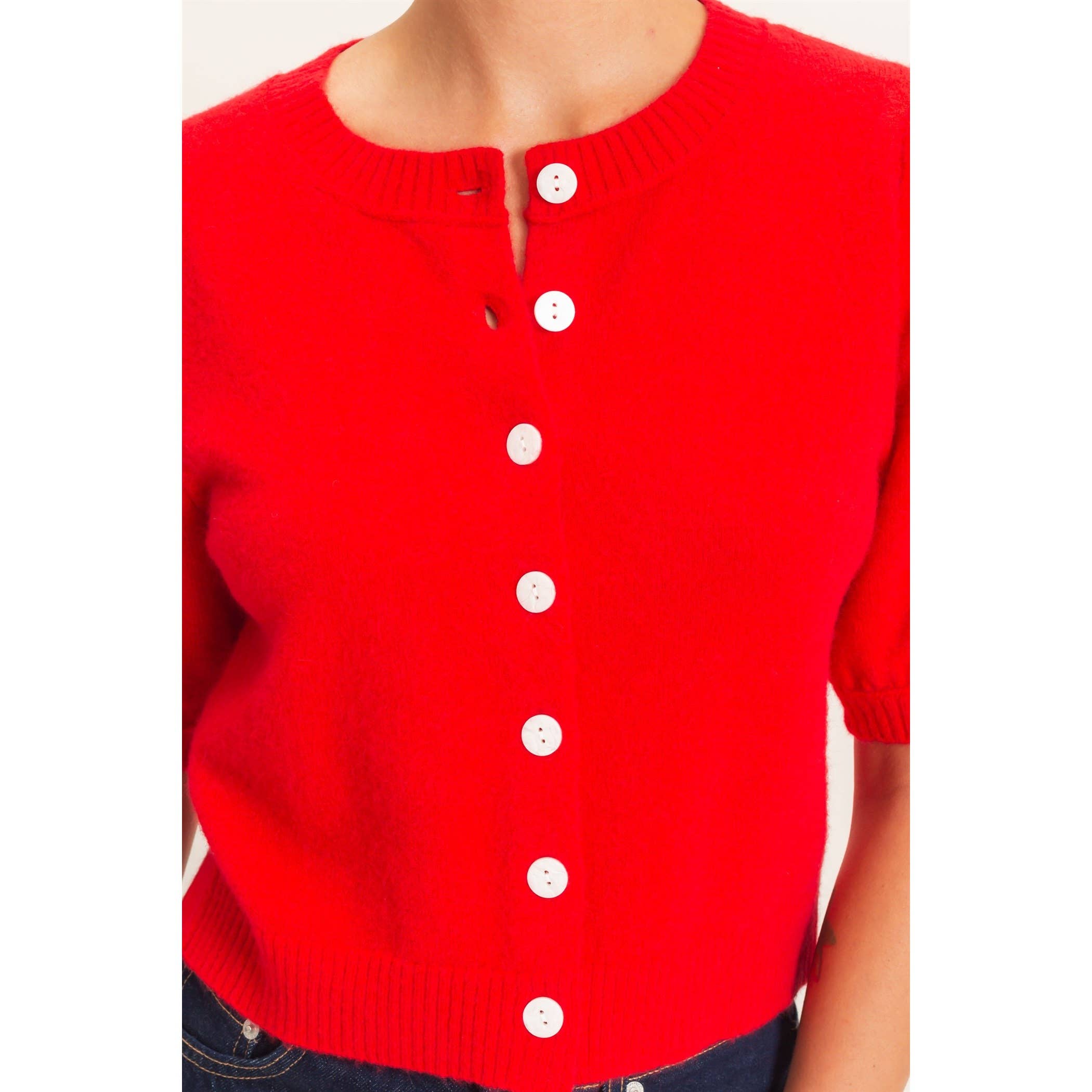 Button Front Puff Short Sleeve Cardigan