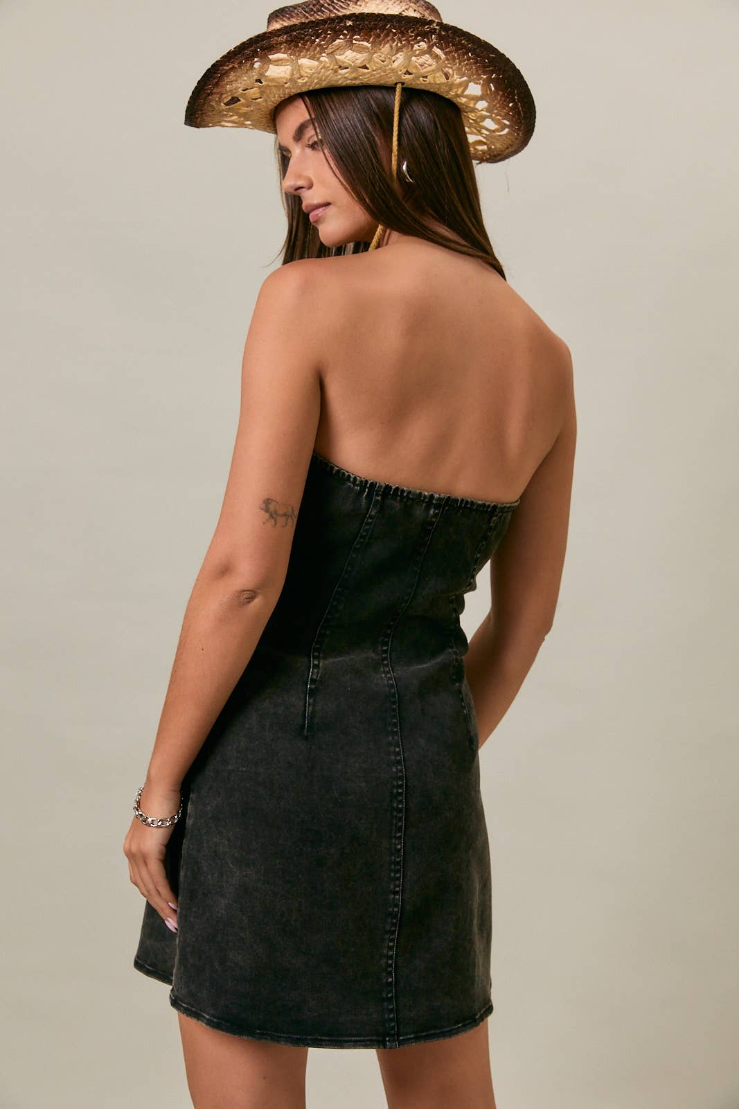 STRAPLESS BUTTON DOWN LOOSE FIT DENIM MINI DRESS
